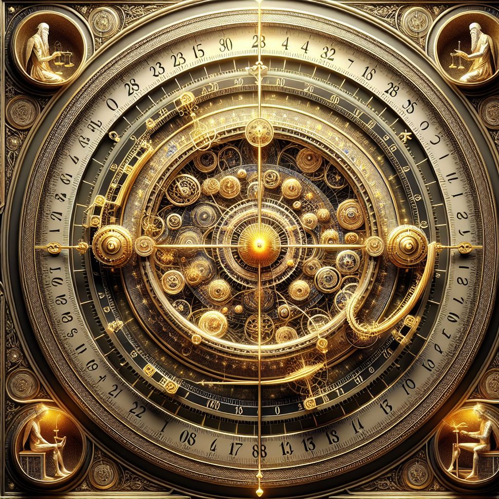 Imagine a grand, vintage astronomical clock, immaculately crafted with an ornate brass design that symbolizes the eternal quest for perfection in mathematics—the quest for perfect numbers.

At the center of the clock face is an embossed number, "28," gilded and radiant, emanating a warm, inviting glow. Around it, instead of traditional hours, there are slots, each filled with gem-like figures representing the divisors of 28: 1, 2, 4, 7, and 14. These numbers gleam with an inner light, their positions carefully balanced around the central figure to inner-circle perfection.

The backdrop of the clock is a collage of celestial chart motifs interlaced with silver and gold threads of equations, where each strand represents a potential perfect number entangled in the theorem that connects them to Mersenne primes.

Hovering above the clock are two guardian mechanisms, like mythical creatures protecting an ancient treasure. They are intricate automata that symbolize Euclid and Euler, each holding a delicate balance scale. On one side of each scale is an array of divisors, and on the other side, a replica of the central number. The two pans balance perfectly, emphasizing the definition of a perfect number.

The hands of the clock do not measure time in the traditional sense but revolve in a hypnotic dance around the number 28, gently tapping each divisor to signify summation. With each full rotation, tiny sparks scatter across the face, leaving in their wake a faint trace of potential new perfect numbers painted as constellations against the dark canvas of space.

Around the circumference is a decorative border showcasing motifs from the natural world—a reminder of the profound connections between mathematics, nature, and the universe. Fibonacci spirals, honeycomb hexagons, and branching fractals all suggest the fundamental order and beauty inherent in mathematical perfection.

The image whispers a story of harmony, elegance, and balance—a captivating visual poetry that alludes to the sublime allure of perfect numbers within the grand, endless symphony of mathematics.