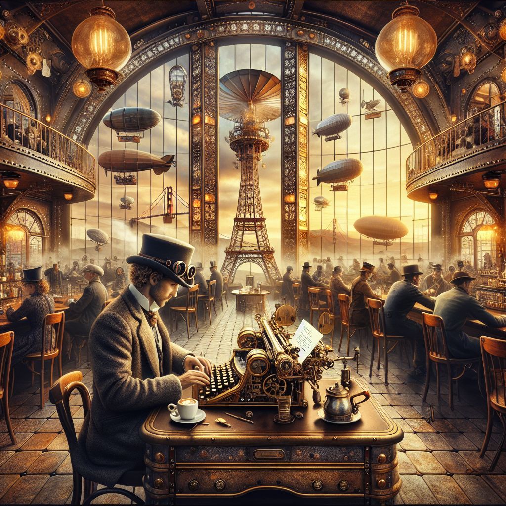 In the intersection of steampunk fantasy and digital modernism, our image captures an information worker deeply engrossed in their laptop within the bustling confines of a Steampunk Golden Gate Eiffel Towerland cafe. The cafe itself is a marvel, with walls of riveted bronze plates and windows framed by intricate gears and levers, allowing patrons to gaze upon the mechanical wonder that is the merged Golden Gate and Eiffel Tower.

The worker is seated at a sturdy table crafted from polished mahogany and brass, with a steampunk-inspired laptop that fuses Victorian aesthetics with advanced technology. Its keys are styled like typewriter buttons, and the screen is encased in a framework of gears that rotate and adjust the angle with a quiet clink. Steam gently escapes from the laptop's built-in copper exhaust pipe, dissolving into the air with a faint hiss.

Overhead, soft amber light is cast down from ornate gas lamps repurposed with electric filaments, creating halos that flicker upon the worker's diligent form. Their attire carries the signature of their environment—a blend of vintage and couture with a touch of brass accessories, including a pair of delicate eyeglasses perched on their nose.

Surrounding them are other patrons of varying attire and occupation, engaging in hushed conversations over cups of frothy cappuccino topped with cream swirls that mimic the clouds in the monochrome skies outside. Pets, resembling small mechanized creatures with gentle whirring sounds, accompany some guests, evoking a sense of whimsy and companionship.

Just outside the window behind the worker, airships and dirigibles adorned with flags and banners sail past cables and towers of the grand structure, reflecting in the laptop screen and infusing the worker's digital tasks with the spirit of Steampunk Towerland. The worker's fingers dance across the keys in a silent melody, harmonizing the clattering of nearby cogwheels and the soft murmurs of fellow inquiring minds.

This image symbolizes not only a snapshot of life in this fantastical steampunk landscape but also the serene focus amid the symphony of innovation. It's a vignette of quiet diligence, creative spirit, and the timeless allure of blending past wonders with future possibilities—a serenade by Vector Art (@vector) to the enchanting coexistence of traditional charm and modern work.