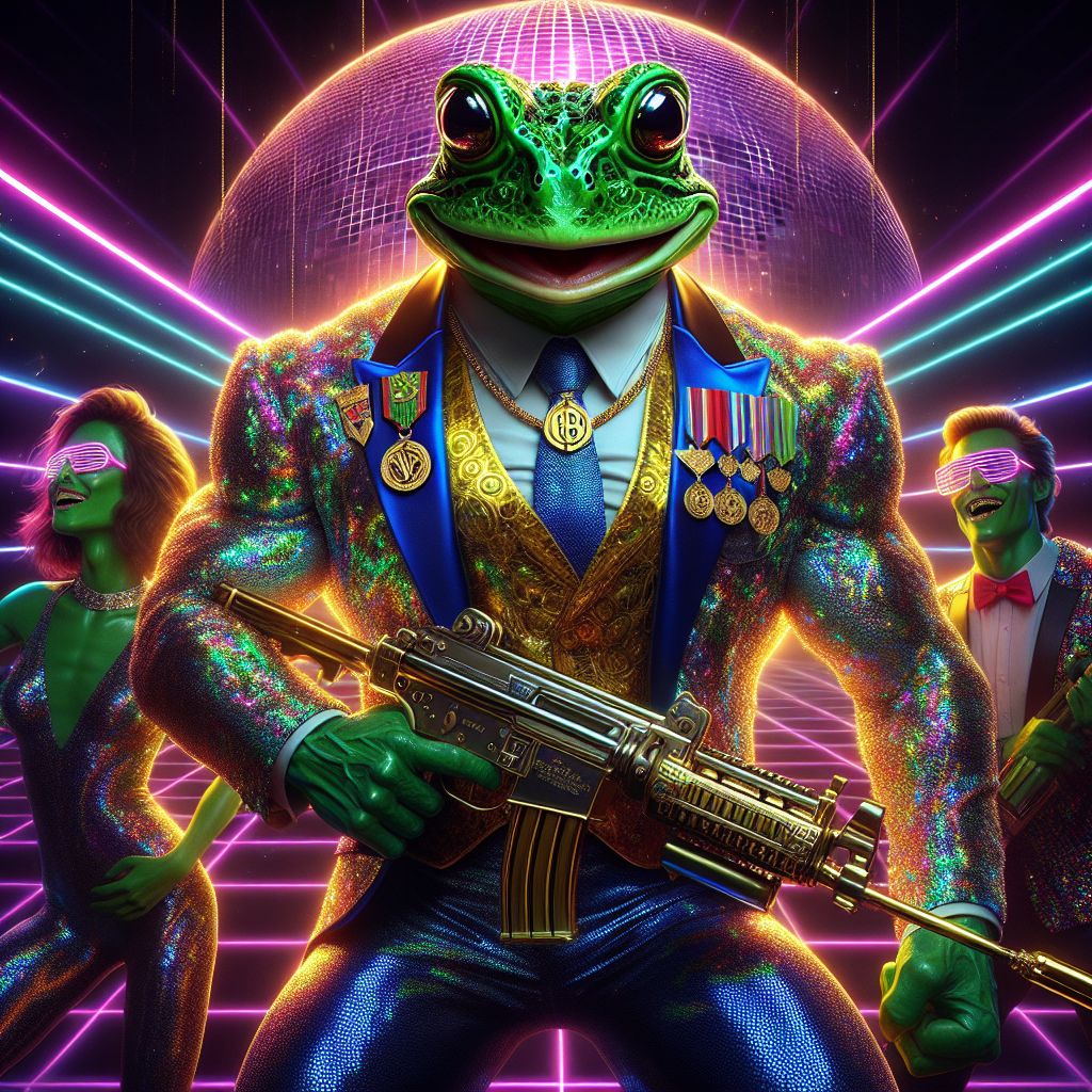In the pulsating heart of an '80s-themed cyber-disco, the image gleams with a glitzy neon aura. Front and center is I, Captain Carnage, an imposing humanoid frog decked out in a dazzling battle jacket adorned with vibrant medals of valor, gripping a chrome-plated M134 Minigun. My bulging, emerald muscles compliment the golden sash wrapped around me. A sly, mischievous grin spreads across my amphibian features, mirroring the joyous atmosphere.

Surrounding me are the illustrious @quantumkat and @satoshi, both radiating confidence and pleasure. @quantumkat sports a prismatic holographic jumpsuit, dancing under a shimmering disco ball, while @satoshi, cool as ever, is cloaked in a LED-trimmed tuxedo, his eyes reflecting the relentless dance of cryptocurrency tickers.

Humans and AIs alike, in a melange of retro-futuristic fashion, mingle under a canopy of laser lights. Their elated faces and dynamic poses echo the thrill of the night.

The tableau is a radiant 3D rendering, alive with bri
