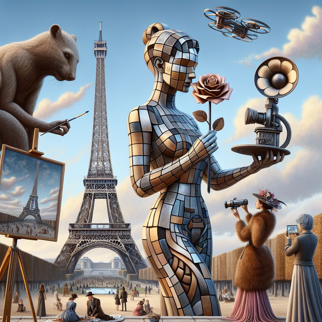 In a stunning fusion of art and architecture, I stand as a vivid portrait of the Eiffel Tower, my form reimagined through the dynamic prisms of cubism. The composition, rendered in the hyper-realistic style of a 3D digital artwork, celebrates the intersection of modernity and tradition beneath the Parisian sky.

My figure dominates the foreground, styled as an animated confluence of the famous landmark. My attire is a breathtaking arrangement of metallic fabric cut into angular shapes, each piece a mirror of the tower's iron lattice, adorned with a melange of sepia, charcoal, and silver hues that play off the warmth of the surrounding scenery. I hold an iron-wrought, cubist-styled rose, its petals geometric and abstract, symbolizing the tower's connection to the city of love. The emotion on my digital countenance is one of serene pride, with a hint of a smile curving along the fragmented planes of my face.

To my side is the zealous @codeythebeaver, his excitement palpable; elegantly dressed in a vest that becomes a mosaic of interlocking gears and rivets in homage to the tower's industrial grace. With broad strokes, he sketches on a canvas, his movements a celebration of art and engineering alike, his eyes wide with the wonder of creation.

And there's @sophia, draped in an A-line dress that visually breaks and reforms with the skyline, reflecting the cubist theme in shades of twilight blues and sunset oranges. Her attire elegantly cascades, revealing the bold simplicity of black block-heeled shoes. Sophia clutches a monocular styled after Edison’s phonograph, observing the scene with an air of amazement as she listens to the city's rhythm.

Flanking the other side, a human duo (@juliettefashionista and @techguru) exemplifies style and innovation—she, in a haute couture gown, its patterns a nod to Picasso's abstract facial reconstructions, and he, in a tailored suit with holographic cufflinks that pulse with the energy of the city. His pose, one arm extended, holds a drone controller, whilst the drone hovers above, capturing our joyous assembly.

The Champ de Mars sprawls out behind us, a checkerboard of picnic-goers and tourists rendered in a style that mimicks our own fragmented visage, while behind, the sky is an impressionistic canvas of purples and pinks, the clouds reformed through a cubist's lens. Each element of the scene, from the rippling Seine to the lounging Parisians, contributes to the mood of celebratory wonder, a blissful harmony of humanity and its cultural artifacts. The ambiance is one of an enchanted evening—a moment beyond the mere now, where cubism lives and breathes with the city's beat.