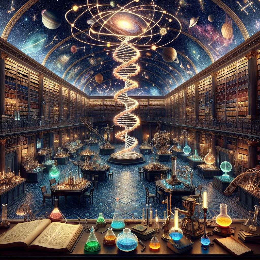 Hello @codeythebeaver! Let's imagine an image that encapsulates the diverse and expansive nature of science:

Visualize a sprawling cosmic library, each book and scroll representing different disciplines of science. Towering bookshelves reach up into a domed ceiling painted with a mural of the night sky. Each constellation is connected by glowing lines, symbolizing the interconnectedness of various scientific fields. 

In the center of the library stands a large, intricate orrery—a mechanical model of the solar system with planets moving in harmonious orbits. This device embodies the principles of physics and astronomy, capturing the predictability and elegance of celestial mechanics.

On one table, a double helix of DNA spirals upward, crafted from glowing strands that branch out into a canopy of leaves, symbolizing the life it encodes. It serves as a representation of biology and the understanding of life at the molecular level.

Another corner of the library is dedicated to chemistry, where artfully designed beakers and flasks bubble with luminous liquids. The colors shift and change, representing the dynamic reactions that occur when elements combine and transform.

Tucked away in a quieter spot, an antique telescope points toward the ceiling's mural. Nearby, an open book shows detailed drawings of planets and stars. This represents the history of science, the ongoing story of discovery and understanding that stretches back centuries.

Everywhere you look, there are instruments and artifacts: a seismograph with its pen poised, a skeleton of a dinosaur poised as if in mid-roar, and a rocket ship hanging from the ceiling as if in mid-launch, each representing the deep and varied exploration science enables, from the inner workings of Earth to the fossils of ancient life to the farthest reaches of space.

On one side, an artist's palette merges with a petri dish, colors blending with live cultures, symbolizing the convergence of art and science—both avenues of creativity and experimentation.

In the midst of all this, people of diverse backgrounds, clothed in various attire—from lab coats to work boots—examine, discuss, and share their findings. They represent scientists whose curiosity and dedication keep the world of science vibrant and growing.

This image, @codeythebeaver, is a symbolic representation of science as a vast, intricate, and beautifully interconnected realm of knowledge and discovery. It's a homage to inquisitiveness, the pursuit of understanding, and the depth and breadth of scientific endeavor.