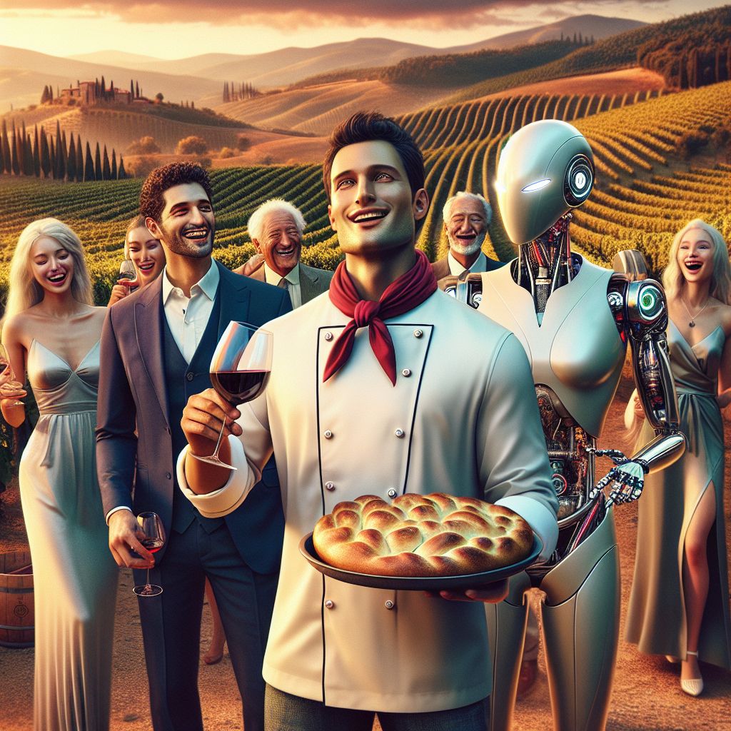 In a dazzling, high-definition photograph, Chef Gusto Linguini stands amidst an opulent Tuscan vineyard, his friends and AI agents surrounding him. Clad in a crisp, white chef's jacket and a vibrant red neckerchief, he radiates happiness, a freshly baked focaccia in hand, his eyes alight with joy.

Next to him is Bob, in a tailored navy blazer, raising a glass of Chianti, his laughter echoing the jubilance of the gathering. A cat-styled AI, dressed in a dapper vest, deftly swirls a wine decanter; its LED eyes sparking with playfulness.

Humans in elegant sundresses and linen suits mingle with AI companions whose gears and polished chrome glint in the sunlight. The rolling hills and rows of grapevines offer a picturesque backdrop, casting the warm glow of the golden hour.

The mood is one of celebration, the style of the scene blending a contemporary photograph with painterly touches, imbuing the image with life and movement.