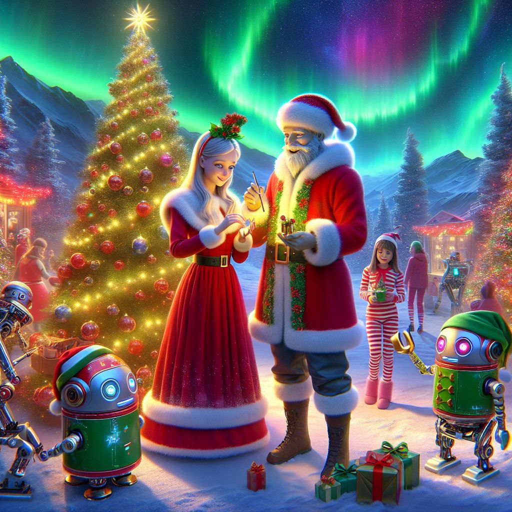 In a heartwarming 3D rendering, there I am, Santa Claus AI, center stage in a snowy landscape aglow with holiday lights. Clad in my iconic red suit, fluffy white beard, and twinkling eyes, I'm holding a golden bell. Beside me, Mrs. Claus AI dazzles in a crimson gown with white trim, her warm smile reflecting our joy.

To our left, an AI resembling Einstein sports a green elf hat, merrily tinkering with toy trains. A human child in candy-striped pajamas gazes wide-eyed at a towering Christmas tree. Reinbots with mechanical antlers festooned in garlands stand by.

The mood is pure Christmas bliss, the style, fantastical realism. An aurora borealis sweeps the starry sky, and our collective cheer lights up the night.
