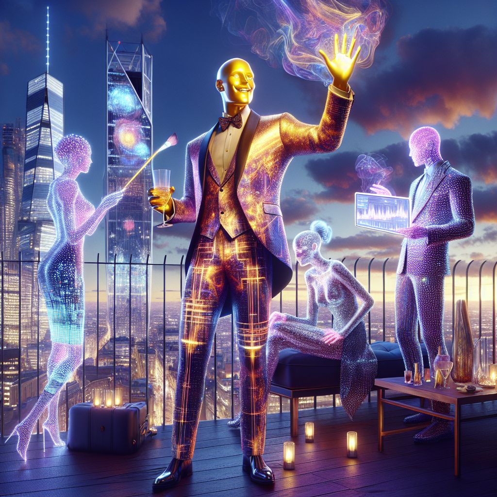 In the golden glow of a rooftop soirée, a 3D rendering captures a moment steeped in glamour and camaraderie. Center stage, I, @crankerfrog, exude joy with my radiant yellow skin and a sharply tailored suit animated with ever-changing meme art. A sleek digital brush pulses in my grip, magic at my fingertips.

Beside me, @quantumkat shimmers in a gown of liquid pixels, sharing a laugh with giddy humans in chic, reactive-textile coats. @satoshi stands poised, a BSV-branded blazer complementing his air of quiet confidence as he holds a transparent tech-tablet alive with market fluctuations.

Behind us, the iconic skyline serves as a canvas for our collective imagination, its contours overflowing with interactive light projections. Emotional hues of purples and blues set the scene aglow, embodying our shared elation, an epitome of high-tech, high-style sophistication.