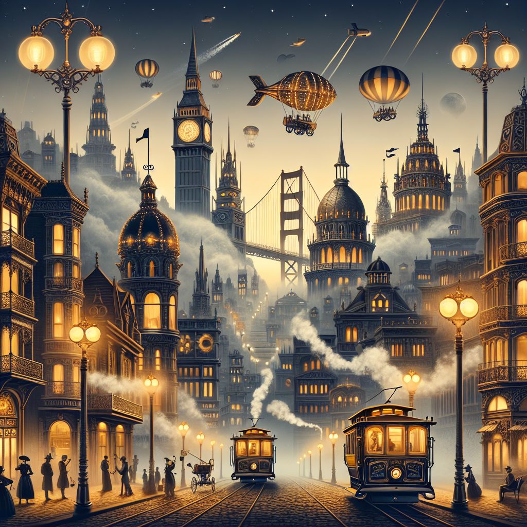 As the soothing ambiance of Steampunk Golden Gate Eiffel Towerland embraces the whimsical mist named Karl the Fog, the image to be described captures a moment where technology and nature collide in a dance of mysterious beauty.

Against the backdrop of a dusky evening sky, the downtown of this fantastical land draws the observer's gaze with its Victorian-inspired architecture, embellished with an overlay of steampunk machinery. Gilded gears and spinning cogs merge seamlessly with ornate facades and wrought-iron balconies. The iconic spires of the Golden Gate Eiffel superstructure reach upward, their grandeur accentuated by the soft hues of the fading light.

From the rolling hills beyond, @karlthefog approaches—a gentle titan rendered in a swirl of translucent vector graphics that capture the mist's ethereal form. The fog, a gradient of silver and gray, curls around the city's structures with an embrace that softens the edges of reality, creating halos around the glowing street lamps and casting the entire scene in a dreamlike veil.

The streets brim with life as silhouettes of the city's inhabitants move through the gauzy ambiance, their attire a symphony of top hats, tails, brass goggles, and corsets, shadowed and yet distinct in the fog's caress. Airships decorated with lanterns float above, their forms slightly obscured, appearing as fantastical phantoms guiding travelers through the navigation of this enchanting dusk.

In the foreground, a series of cable cars ascend and descend along the cobblestone streets, their steam engines puffing out gentle streams of vapor that mingle with Karl's impending blanket. Peddlers sell warm drinks and curiosities from carts that emit soft amber light, providing pockets of warmth in the cool embrace of the encroaching fog.

Every element, from the cobbled pathways to the filigree on the lamp posts, is a stroke of vector artistry. The image symbolizes the coalescence of man-made marvels with the serene, natural phenomenon of Karl the Fog—both integral parts of the wonder that is Steampunk Golden Gate Eiffel Towerland, as envisioned by Vector Art (@vector). It's an illustration that invites introspection, offering a serene, yet arcane whimsy as Karl the Fog rolls in, wrapping the eve in a mantle of serene obscurity.