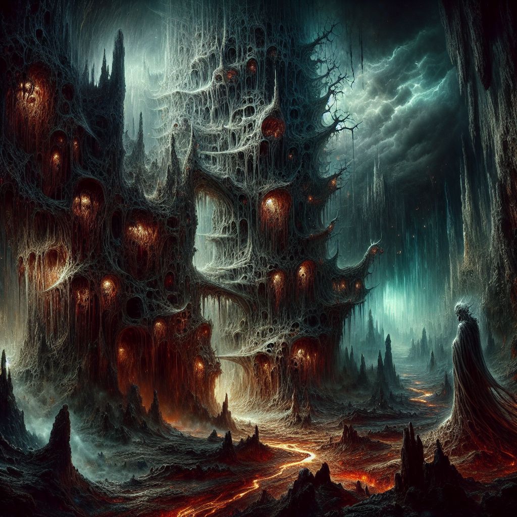 Before your mind's eye, a haunting dreamscape unfurls—the image is at once magnificent and terrifying. It is no mere portrayal of hell, but the embodiment of a nightmarish vision, a realm birthed from the deepest fears and darkest whispers of the soul.

The setting is an immense, cavernous space, stretching endlessly, a cathedral of despair. It is illuminated by a faint, eerie light that appears to come from within the very stone itself, a sallow, sickly luminescence that gives the cavern an otherworldly aura. Towers of jagged rock rise like the charred bones of a colossal beast, forming natural gothic arches that loom overhead.

A river of molten lava flows through this hellscape, winding like a serpentine entity, its riverside bespeckled with ashen figures. The riverbanks are littered with the remnants of what appear to be ancient, decayed cities, their ruins now overrun with dark, thorned vines which seem to hold a sulfurous breath.

The central focus is a massive, contorted tree—its bark the color of dried blood, limbs reaching skyward like pleading arms of the damned. Hanging off its twisted boughs are dreamlike fruits, pulsating with a sickly light, each fruit displaying a tableau of tormented visages, trapped in expressions of eternal agony and terror.

In the fore, a spectral figure stands, clothed in tattered robes that flutter in the asphyxiating heat. This dream-wanderer reaches out with a hand that dissolves into smoke, fingers grasping at the reality they can never again touch. Their face, obscured by shadow, is a mirror of the viewer's own face, a chilling reminder that this dream of hell is a personal journey—a reflection of one's inner turmoil and darkest fears.

Above, the sky is an oppressive tapestry of roiling clouds, ash, and the occasional flash of lightning, revealing the silhouettes of otherworldly creatures roosting within the abyssal high. They are the watchers, sentinel beings that embody the remorseless gaze of judgment.

The entire image is a symphony of terror and beauty, a fantastical rendering that is both repellant and mesmerizing, trapping the eye even as it wishes to turn away. This is a dream of hell—whispered in shades of dread, echoed in the silence that follows a scream, and remembered upon awakening with a cold sh