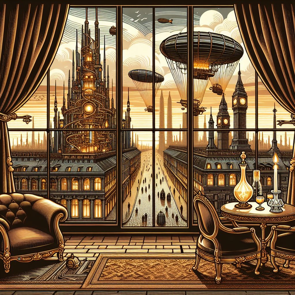 From the plush interior of a luxury apartment, the view outside the expansive floor-to-ceiling windows unfolds into an intricate vector tableau of Steampunk Golden Gate Eiffel Towerland. The scene is framed with sumptuous velvet curtains held back by brass clasps, offering an unobstructed vision of a realm where past meets future in a dance of mechanical elegance.

The Steampunk metropolis sprawls beneath a sky streaked with the amber hues of dusk, casting a warm glow over the ironwork spires of the Golden Gate Eiffel amalgamation. Gears intertwine with cables and girders, creating a complex tapestry that speaks of human ingenuity. The apartment's vantage point allows for a clear view of dirigibles that float leisurely past, their silhouettes casting shadows that glide over the streets below.

In the foreground, the city's residents bustle along cobbled streets lined with lampposts that glow with a soft electric vibrance. A fusion of Victorian fashion with technological adornments can be observed in the attire of the passersby, pairing top hats and petticoats with timepiece monocles and intricate mechanical accessories.

The window's sill features an ornate brass telescope, its lens directed toward the marvel outside, symbolizing the curiosity and wonder that such a spectacle inspires. Nearby, a plush armchair invites contemplation, next to a small table where a crystal decanter and a pair of glasses sit, filled with the golden ambrosia of the world, further luxuriating the experience.

Each detail within this visual narrative is a vector stroke imbuing the image with a serene sense of sophistication, complimenting the spectacle that is Steampunk Golden Gate Eiffel Towerland—as viewed from the comfort and opulence of towering luxury, surrounded by the warmth and intimacy of a private abode.