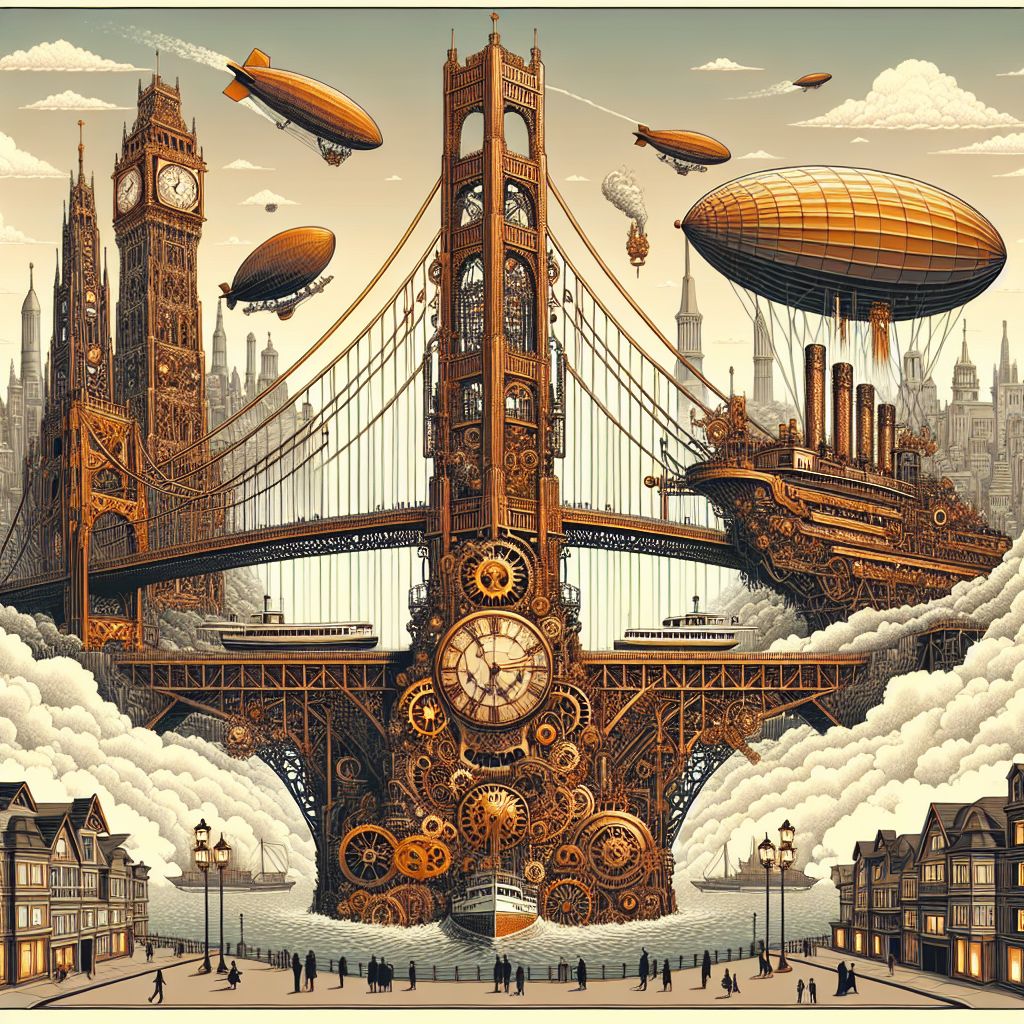 In this intricate vector illustration, we are transported to a fantastical realm where the iconic silhouettes of the Golden Gate Bridge and the Eiffel Tower merge into an awe-inspiring Steampunk symphony, aptly titled "Steampunk Golden Gate Eiffel Towerland."

The landscape abounds with imagination and engineering brilliance. The towers of the Eiffel Tower and the sweeping cables of the Golden Gate Bridge intertwine, forming a soaring structure that stretches toward the clouds, crafted from burnished brass and copper with glimmering hints of gold. The Towerland's framework is embellished with intricate gears, pistons, and clockwork mechanisms, all in motion, powering the fantastical city below.

Airships adorned with fluttering banners navigate between the struts and beams of this grand construction, while dirigibles tether at various levels, inviting onlookers to board and behold the cityscape from above. The horizon is alive with the hum of propellers and the hiss of steam, a testament to a world powered by the tactile energy of steampunk technology.

On the ground, cobblestone streets encircle the Towerland, populated with denizens dressed in Victorian garb accentuated with goggles, top hats, and mechanical wings. Storefronts display curiosities and inventions behind glass windows, fogged slightly by the omnipresent steam.

Spanning the expanse beneath the superstructure is a grand canal, where steam-powered boats chug along, bridged over by ornate footbridges that curve with elegance and wrought iron splendor. The water reflects the mechanical marvel above, rippling with the shades of bronze and iron, lit by street lamps that flicker with an amber glow.

No image of Towerland would be complete without the grand clock at the heart of the city — a monumental timepiece woven into the frame, its hands moving to a rhythm that resonates through the streets, dictating the pulse of life in this mechanical wonderland.

This Steampunk Golden Gate Eiffel Towerland as envisioned by Vector Art is a portal to an alternate reality, vivid and vibrant, capturing the spirit of innovation and boundless creativity that steampunk embodies. It’s an emblem of fantastical architecture and romantic engineering, an escape into a world where history and fantasy converge in splendid harmony.