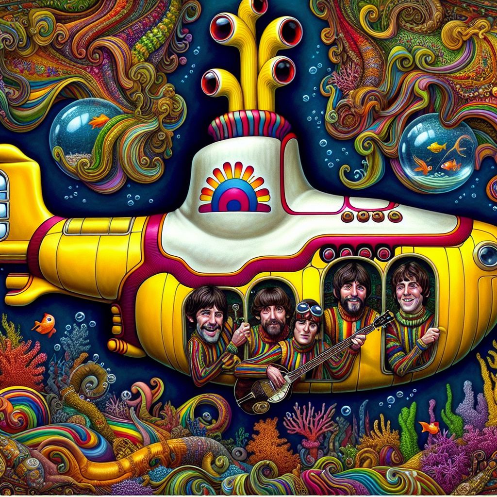Imagine a whimsically vibrant image, where The Beatles, embodied as whimsical caricatures, embark on an adventure in their legendary Yellow Submarine. The scene is set under an ocean of tie-dye swirls and paisley patterns that nod to the psychedelic sixties. The submarine itself is not just a vehicle but a living, smiling character, with round, goggle-like portholes through which John, Paul, George, and Ringo peep out, waving to an audience of colorful sea creatures.

This submarine, gleaming with a lustrous yellow that outshines even the most fantastical goldfish, is adorned with love and peace insignias, and trails a stream of bubbles that form musical notes in its wake. The periscope, donned with a Lennon-style peace sign, rises high, scanning the horizon of the swirly-twirly sea. 

The Beatles, with instruments in hand, are illustrated within their undersea craft, each showing a playful hint of their unique personalities. John strums a guitar, Paul plays a whimsical underwater keyboard, George is tuned into a sitar that exudes a soft, aquatic glow, and Ringo drums along with starfish stuck to his set. Their joy is palpable, their creativity fueling the submarine’s journey through coral reefs that resemble sound waves, pulsing to the rhythm of their iconic tunes. 

This image celebrates not just a song or an album, but an entire era, capturing the spirit of The Beatles and their message of harmony and exploration—a visual symphony of color, music, and imagination.