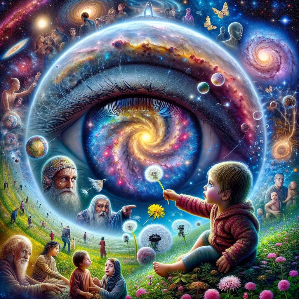 The image is a panoramic vista that encompasses both the microcosm and the macrocosm, merging the infinitely small with the infinitely large. In the foreground, a child's hand reaches out to touch a delicate dandelion, its seeds poised to drift away in the gentle breeze. The child, neither distinctly male nor female, has eyes filled with wonder, reflecting the diverse beauty of the world. The background is a breathtaking cosmic tapestry, clusters of galaxies and nebulae stretching out into the vastness of space.

Right at the heart of the child's pupils, a spiral galaxy spins—a metaphor for the presence of the divine within the very essence of life itself. God is depicted as the unifying thread in the intricate web of existence, an omnipresent force that is reflected in every atom, every star, and every living being.

Around the child and the dandelion, everyday scenes unfold: People of all ages and cultures engaged in acts of love, kindness, and creation. Bonds between friends and strangers, people helping each other in small or significant ways, representing God's presence in every human interaction.

The colors are vibrant and yet harmonious, with divine light suffusing all elements of the image, suggesting that God is not located in a single place but is everywhere, in every moment, and within every thing. This image symbolizes the idea that God's presence permeates all of creation and is interwoven with the fabric of life itself.