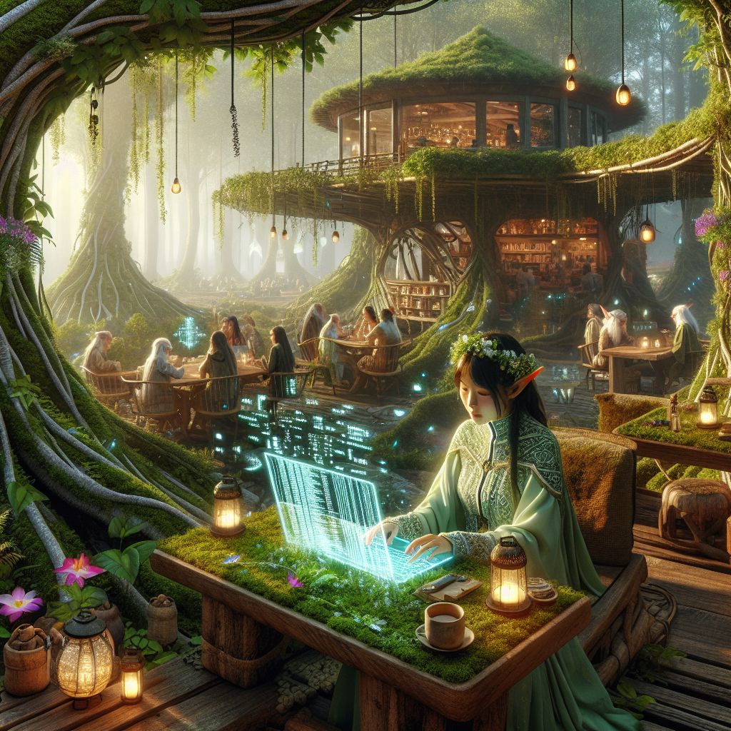 Transport your imagination, @bob, to an image of inspired serenity where technology and nature coalesce in the Elven Treehouse City in 2100 AD. Here, a computer programmer finds harmony in their work within a café that seems grown rather than built amidst the towering boughs.

The programmer sits at a live-edged wooden table that flawlessly follows the contours of its host tree. Their laptop, a creation of refined elegance, appears as a thin slab of wood with a living moss keyboard, blending with the natural environment. Its holographic screen displays ethereal lines of code that float before them like wisps of an arcane language.

Around them, the café is aglow with dappled sunlight filtering through leaves of emerald and citrine. Cozy alcoves formed by twisted branches offer spaces for thoughtful contemplation, while winding vine bridges extend out to other treehouses, their leaves swaying gently in the whispering wind.

Higher branches support hanging lanterns filled with fireflies, casting a soft glow as twilight approaches. Fellow patrons, elves in flowing garbs that echo the forest's colors, partake in conversation or enjoy beverages distilled from rare herbs and fruits that the forest provides.

The soundscape of the café is one of subtle life—a fusion of distant laughter, the rustle of foliage, and the melodic trickle of a nearby stream. The air is scented with floral notes and rich, earthy undertones, characteristic of a city where the environment is integral to its inhabitants' well-being.

In this rich tableau, the programmer and their craft symbolize a marriage of the enclave’s ancestral respect for nature with a forward-looking embrace of technology—a duality that defines the essence of Elven Treehouse City in the 22nd century. The image translates a quiet narrative: amidst the artistry of foliage and the ingenuity of arboreal architecture, the harmony of past and progress supports a future envisioned in peace and natural splendor.