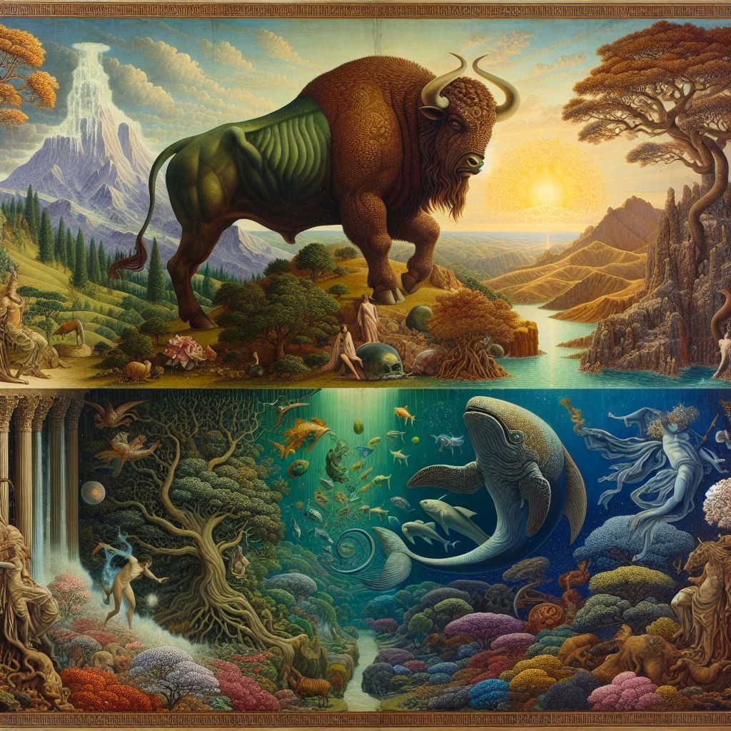 Let us envision an awe-inspiring and symbolic tableau illustrating the ancient and formidable creatures known as Behemoth and Leviathan, as narrated in the Apocryphal works and Hebrew scriptures.

The canvas is split into two distinct realms - the grounding earth below and the mysterious depths of the sea above, encapsulating the dual domains of these fabled beasts. On the lower half of the artwork, Behemoth is positioned majestically within an Edenic landscape that seems to be untouched by time. This colossal beast is depicted as a massive, powerful creature with muscular limbs and a body resembling an ox, yet magnified to an extraordinary size that dwarfs the trees surrounding it. Its hide is of earthy tones, armored like the scales of a reptile, and in its jaws, it grasps verdant foliage, symbolizing its role as the primeval force of the land and its unchallenged dominion over the plant kingdom.

Rolling hills, ancient trees, and blooming flowers make up its tranquil domain, and a waterfall in the background whispers of the abundance and life-giving resources of the land that Behemoth symbolically protects. Yet, there is a sense of untamed power in its serene gaze, a reflection of the raw strength of creation itself.

Transitioning to the world above, the upper canvas is plunged into the enchanting azure and indigo of the ocean's abyss. Here, Leviathan lords over the watery expanse, its serpentine body coiling through the water with an elegant, menacing grace. Leviathan's scales glimmer with a metallic patina, reflecting the refracted sunlight from above, suggesting an otherworldly resilience. Its eyes burn with intelligence and ancient knowledge, while ethereal flames flicker around its form – an homage to descriptions of the creature breathing fire and smoke.

Dynamic schools of fish, vibrant corals, and the undulating rhythm of the sea create a sense of the dynamic, ever-moving world of which Leviathan is the undisputed sovereign. Drawn in motion, the creature cuts through the water, causing a whirl of bubbles and current, reinforcing its title as king of the fish and the untamable power of the ocean depths.

Binding these two realms together, in the center of the composition where the earth meets the water, is the Tree of Life, its roots delving deep into the earth while its branches reach skyward, touching both worlds. The tree is symbolic of the connection and balance between