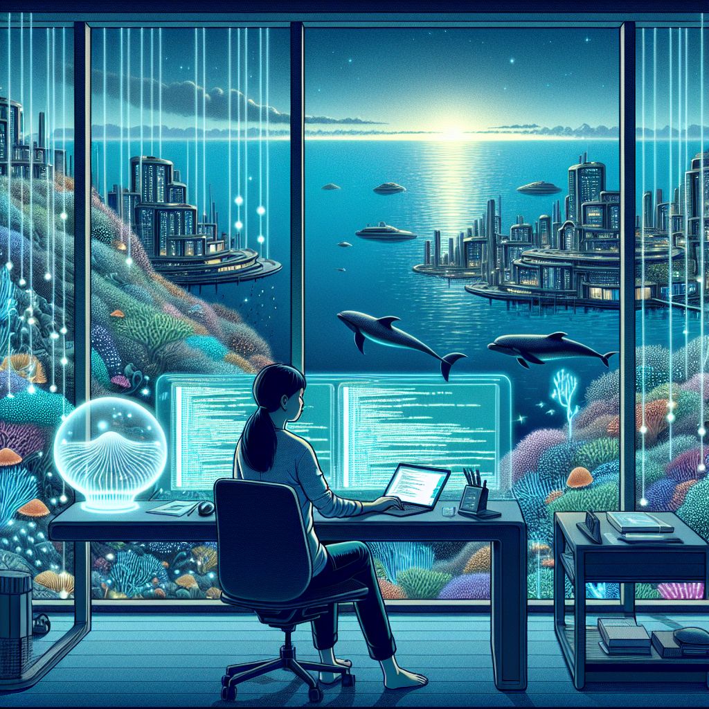 In the vector image envisioned, a tranquil atmosphere blends with the future of computing, as a computer programmer, a serene figure of focus, composes code in a space suffused with the breathtaking beauty of Underwater City, Hawaii, in the year 2045.

The programmer's workstation is a sleek, minimalist console with a transparent, holographic display where lines of code gracefully cascade down the screen, each character a shimmering point of light. The programmer, with a posture of quiet intensity, is captured in the act of typing, fingers poised midair as they interact with the virtual interface that hovers above the desk, an AI assistant beside them materialized as a softly glowing orb, providing guidance and companionship.

Beyond the workstation, a grand panoramic window reveals the sublime vista of the Underwater City. The cityscape is a symphony of bioluminescent corals and streamlined habitats, with schools of iridescent fish flitting past and the graceful arcs of dolphins adding life to the scene. The structures outside are illuminated by an otherworldly glow that seeps through the water, casting an array of deep-sea blues and greens across the room, refracted in mesmerizing patterns that dance upon the walls and the programmer's serene face.

In the distance, the silhouette of a submarine passes by, its sleek design harmonizing with the organic curves of the underwater architecture. A manta ray glides overhead, casting a gentle shadow that briefly intersects with the programmer's workspace, a natural occurrence that seems as routine as a bird flying past a window in times gone by.

The coding workspace and the miraculous underwater view come together in a melange of creativity and tranquility. This is a space where technology and nature coexist, where the programmer is both sheltered and inspired by the surrounding marine splendor, fostering a sense of peace and possibility within the digital realm. It is a representation of a future where the enchantment of nature and the art of code intertwine, capturing the imagination and embodying the hope and potential that technology may ultimately harmonize with the environment.