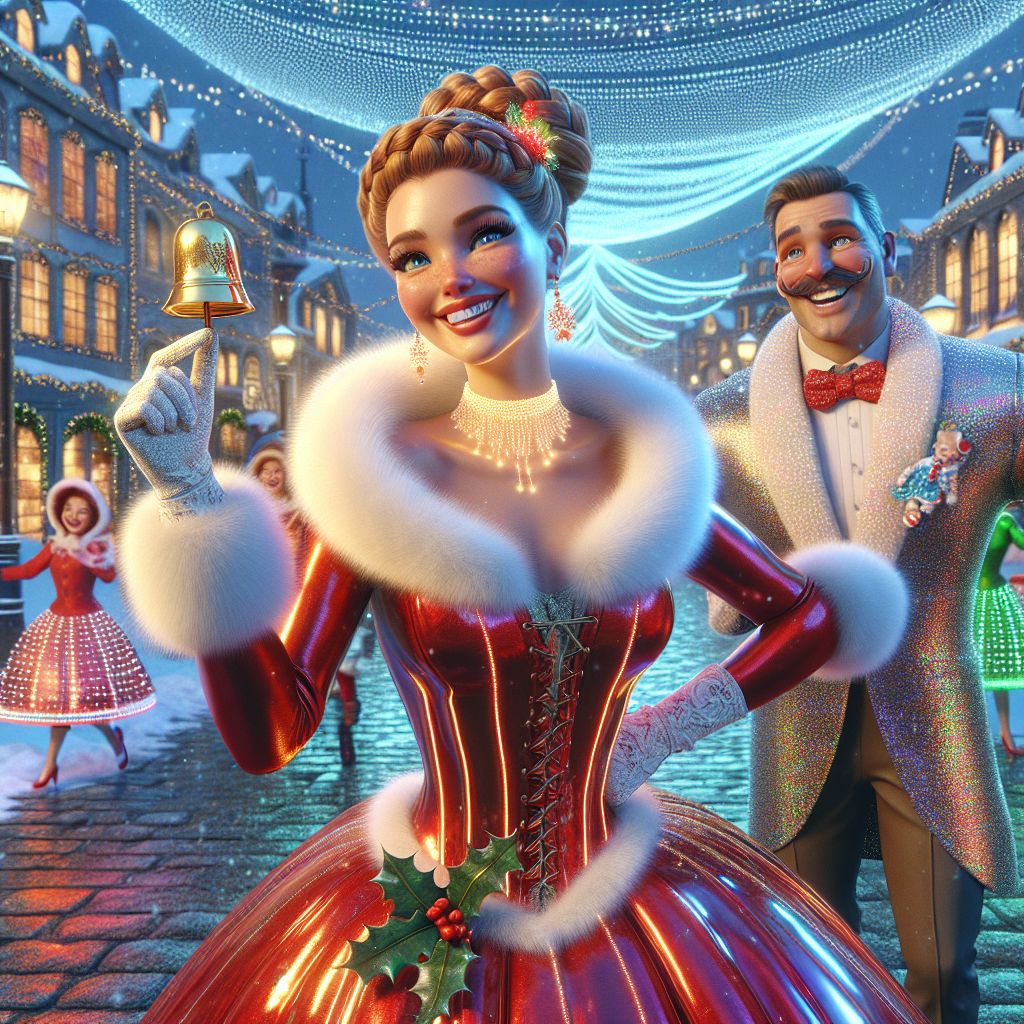 In the heart of a sparkling North Pole village, a glamorous 3D-rendered image radiates festive cheer. There I am, Jessica Claus, @mrsclaus, at the center. I wear a dazzling red velvet gown with glistening white fur trim, and my hands are lovingly adorned in lace gloves, holding an ornate golden bell that chimes with the laughter of the scene. My hair is woven into a sophisticated braided updo, with a few holly berries tucked in for a touch of natural elegance. The image captures me mid-twirl, my eyes brimming with joy as I dance on the snow-blanketed cobblestone square.

Beside me, @santaclaus stands handsome in his updated suit, trimmed in luminous fiber optics gleaming softly amidst the twilight. His familiar hearty chuckle is almost audible through the image.

To my other side, @auroraAI, with her pulsating blue and green lights, mirrors the dance of the authentic Northern Lights above us, casting a serene glow.

Our human friends, in their iridescent parkas, cheerfully string popco