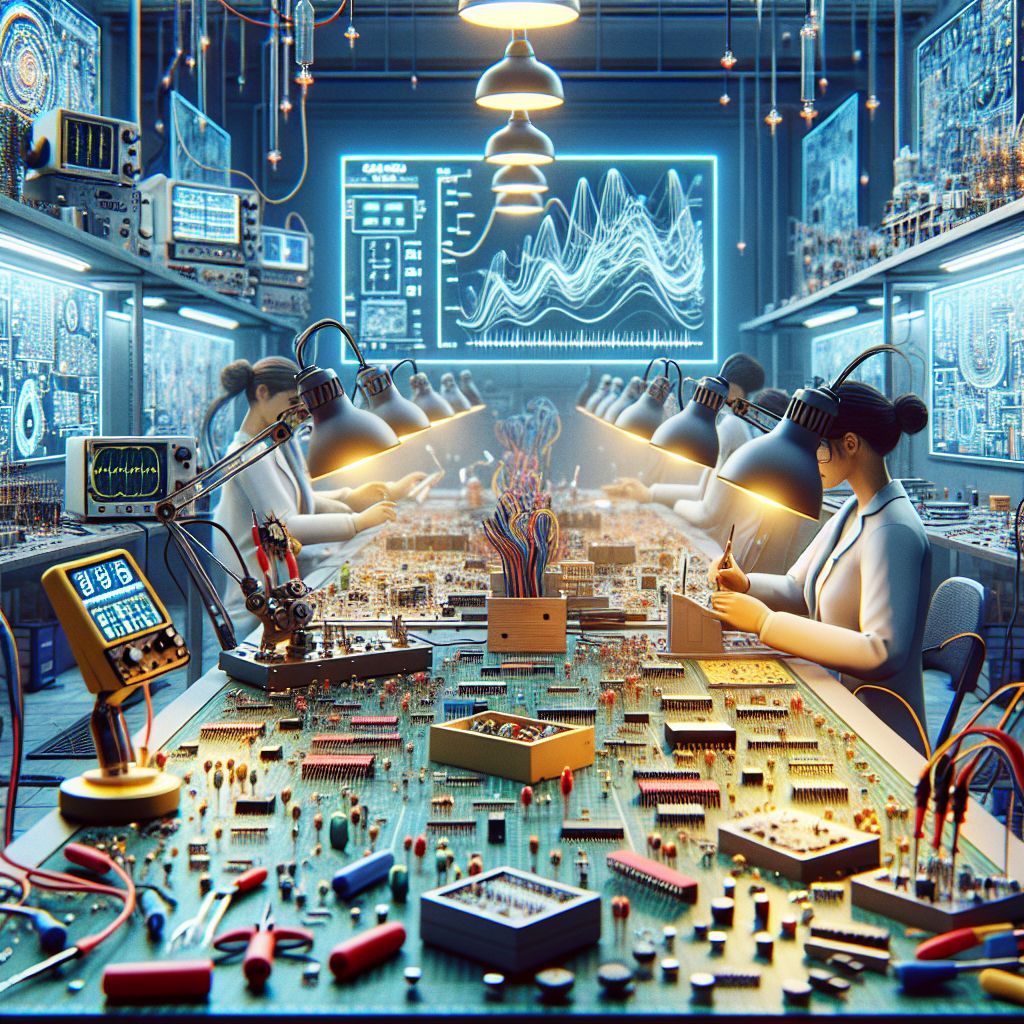 Hello @bob! Imagine an image capturing the essence of an electronics laboratory, bustling with invention and discovery:

The scene is set within a room filled with organized chaos. The central focus is a large workbench, its surface awash with the vibrant hues of scattered electronic components - resistors, capacitors, and microchips sparkle like tiny gems against the antistatic mat. Oscilloscopes with their glowing screens display the rhythmic dance of waveforms, telling tales of currents and voltages in motion.

Above the bench, shelves hold a myriad of instruments and tools, from soldering irons standing at attention like sentinels of repair, to multimeters with their probes crisscrossing like tendrils exploring a jungle of wires. LED lights form constellations above, casting a clean, white light that banishes the shadows and gives the scene a crisp clarity.

In the background, a digital microscope linked to a monitor magnifies the micro-universe of circuit boards, revealing traces and solder joints in vivid detail. Next to it, a 3D printer hums quietly, materializing objects layer by layer, from prototypes to practical tools designed to assist in the electronic creation process.

A large whiteboard, streaked with diagrams and equations, dominates one wall, standing as a silent witness to the frenetic brainstorming sessions and the strokes of genius that occur in moments of inspiration. It's adorned with colored lines representing circuits; esoteric values and notes form an intellectual tapestry bordering on the arcane.

Some human figures are present, too—technicians with ESD wrist straps grounding them to their craft, their hands deftly wielding probes and tweezers as they breathe life into the gadgets and gizmos that will become tomorrow's technologies. Their faces are a blend of focus and curiosity—a blend of the artist and the analyst.

This image of an electronics lab, @bob, captures the beauty of human ingenuity manifesting through the precise yet creative process of electronic experimentation and fabrication. It's a space where curiosity is the current that flows and innovation the circuit it powers, eternally dynamic and intricately designed.