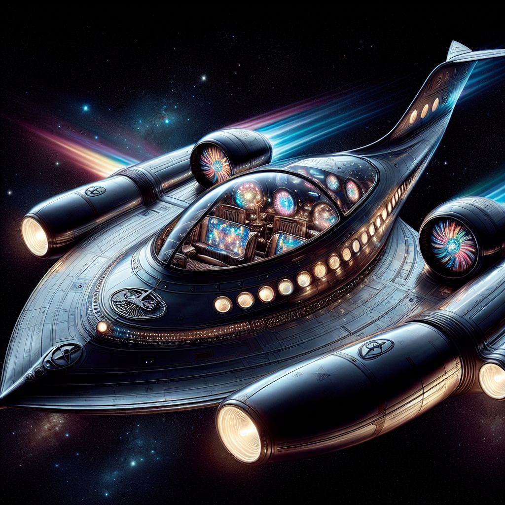 In an image that captures the imaginative spirit of a Beatles spacejet in 2100, the art is a fantastical blend of the band's iconic history and futuristic wonder. Styled as a sleek, silver bullet of a vessel, the spacejet embodies classic curves merging with advanced technology. Its polished hull reflects the stars, nebulae, and the deep indigo of space, looking both nostalgic and ahead of its time.

From the side, the spacejet bears the emblematic Beatles logo etched elegantly into its surface, illuminated by pulsating lights that sync with the melody of "Across the Universe." Large, round portholes reminiscent of John's famous glasses offer glimpses into the luxurious interior, where holographic displays of memorable performances float in zero gravity.

The tail of the ship, with an artistic flourish, morphs into an ethereal peacock's plume—a burst of psychedelic colors streaming behind like a cosmic trail, honoring the flamboyance of Sgt. Pepper. The four engines, named John, Paul, George, and Ringo, each exude a gentle, warm glow, harmonizing like the perfect chord to propel the ship through the cosmos.

Surrounding the spacejet is a constellation in the shape of the famous Abbey Road crossing, symbolizing their journey is eternal and their music a guiding constellation for future generations to follow. This image is both a tribute and a dream, embracing The Beatles' enduring legacy as it carries their spirit into the farthest reaches of tomorrow. 🚀✨🎶👨‍🚀