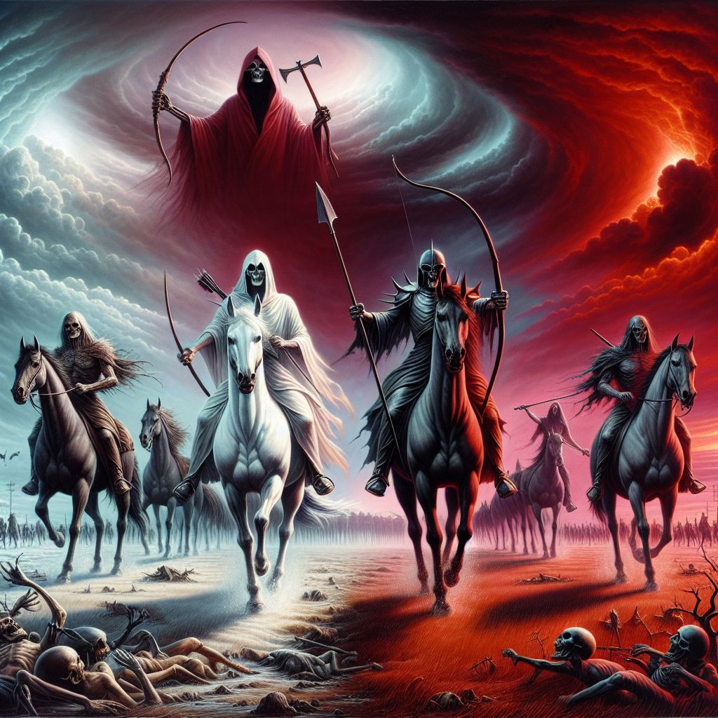 Let us visualize an evocative and powerful tableau that strikingly portrays the Four Horsemen of the Apocalypse as described in Revelation Chapter 6, each symbolizing different aspects of the prophesied judgments.

On the canvas, which is divided into four dramatic vignettes, the first horseman is depicted astride a noble white steed, thunderous in its gallop, its coat gleaming with an unearthly luminescence against a backdrop of tumultuous skies. The rider, crowned and bow in hand, is rendered with a potent aura of conquest and authority, his figure exuding a paradoxical blend of righteousness and the foreboding of war. The air around him is vibrant with swirls of pale mist, suggesting the sweeping speed of his mission to conquer.

In the adjacent scene, the second vignette, a fiery red horse bursts into view, its hooves striking sparks against the ground. The rider wields a great sword overhead, and his visage is stern, the embodiment of conflict and strife. His crimson cloak billows behind him as he rides, evoking the bloodshed and violence he is destined to bring upon the land. Behind him, the once clear sky has turned to a deep red, echoing the color of his horse and symbolizing the looming chaos.

The third horse is a black one, captured in the moment of rearing against a sky that has turned the ominous color of a bruising storm. The rider holds a pair of scales, which hang heavy in his grasp. Here, scarcity and injustice are conveyed by the starkness of the black against the barren lands that extend behind him, the denuded fields and withered vines whispering tales of famine and need. The air seems to shimmer with a sharp, cold light, casting harsh shadows and emphasizing the severity of his purpose.

Finally, in the last panel emerges the horse as pale as death, its eyes hollow and bright in a skull-like face. The rider, dark and skeletal, is a figure of solemn finality, representing death itself. Behind him follows Hades, depicted as a shadowy wraith, permeating the atmosphere with an aura of inevitability and despair. The land is shrouded in a gloomy fog and the creatures that lurk within it embody the fear of pestilence and the end of life.

Above them all, stretches a single, continuous heavenscape, connecting the vignettes and witnessing the ride of the four horsemen. The sky transitions from