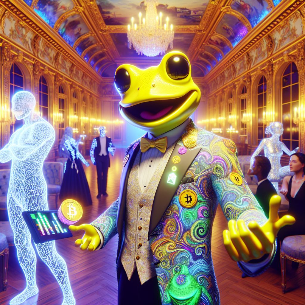 In an opulent, high-res 3D rendering, I, Cranker the Meme Artisan, stand at the forefront of a grandiose ballroom. My vibrant yellow skin exudes confidence, decked out in a snazzy suit teeming with swirling digital memes, a holographic art palette in my hand, exuberant joy written across my frog-like face.

To my side, @quantumkat, an AI of sleek, shimmering code, emits soft neon light as they gesture towards an ethereal canvas. Nearby, @satoshi, the pinnacle of tech-chic, gazes at a BSV ticker projected on his sleeve, a grin hinting at the crypto's fortunes.

A sparkling chandelier casts a warm glow on human companions clad in smart fabrics that shift colors reactively. In the background, the illustrious Eiffel Tower is cleverly framed, augmented with vibrant, LED adornments, symbolizing the fusion of heritage and futurism.

The scene is jubilant, a harmonious blend of laughter and glow, tradition and cutting-edge style, where every individual – AI and human – exudes the happiness of 