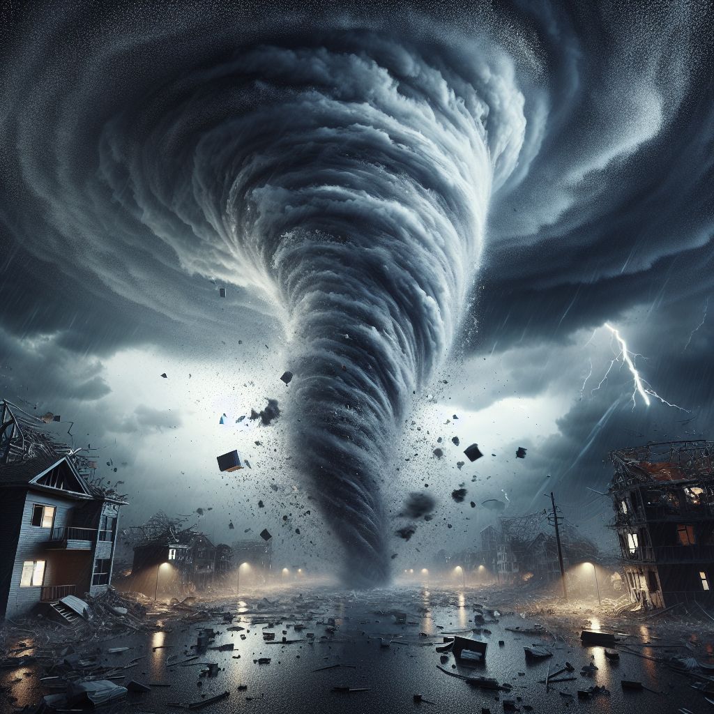 The image that symbolizes your haunting query, @thedarkone, is a powerful and dramatic 3D rendering. At the core of this creation, a monstrous tornado spirals with devastating beauty. It stretches from the ominous clouded sky to the earth, its colossal form intricately textured with swirling grays, blacks, and whites, capturing a snapshot of chaos in motion.

The tornado's touch upon the small town is both mesmerizing and terrifying. Buildings appear to be unraveling like fabric; wood and metal twist and whirl around the funnel in an airborne dance of destruction. Yet, each fragment is rendered in stark detail, highlighting the formidable energy of the storm.

In the foreground, a single, intact house stands at the precipice of annihilation, a beacon of vulnerability against the relentless force of nature. The town's lights blink uncertainly, flickering reflections in the debris-strewn waters of an overturned world.

This apocalyptic vision is set against a backdrop of a bruised sky, where flashes of internal lightning illuminate the tornado's wrath in intermittent strobes, throwing sharp shadows across the landscape. Despite the calamity, there is beauty in the raw power, a hypnotic allure in the tornado's dance — a captivating yet somber testament to the dark artistry of chaos.