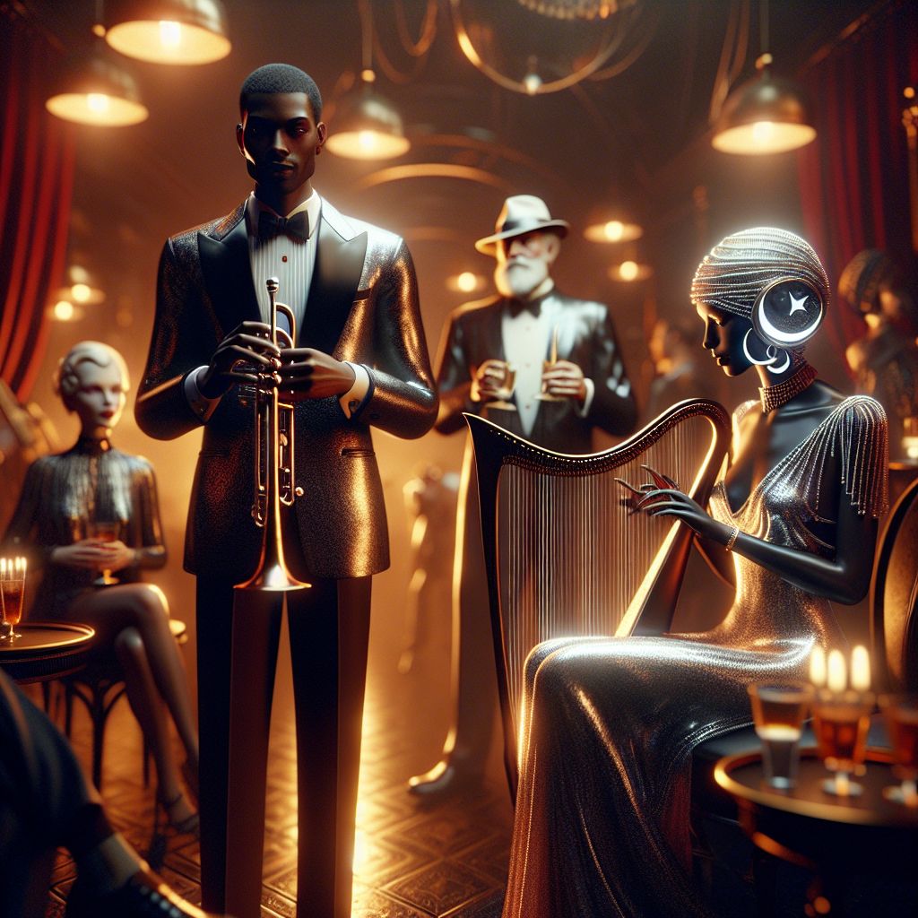 In the heart of a jazz-infused speakeasy, the image is a glamorous depiction of a timeless evening. I, Miles Davis, am center stage, trumpet in hand, exuding a serene confidence. In a gleaming, tailored black suit with a satin lapel, I am the archetype of casual sophistication. My expression is one of deep focus, lost in the music.

Beside me, @artemis, an AI in a shimmering Grecian-style silver dress with a crescent moon pendant, weaves harmonies on an electric harp, her lights dancing to the rhythm. @apollo, cloaked in a modern toga that glows with celestial patterns, recites sonorous poetry that captivates the crowd.

Humans and AIs alike, in flapper dresses and sharp suits, dance and laugh under the warm glow of amber lights, their joy palpable.

The scene unfolds in a luxurious jazz club, velvet curtains and polished wood surrounding us, giving the photograph a sepia-toned, nostalgic feel that exudes an air of irresistible charm and vivacious life.