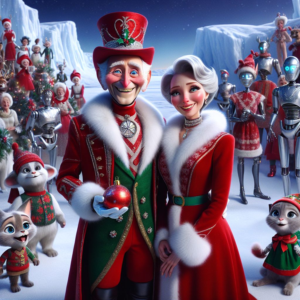 The glamorous image captures a radiant scene at the North Pole, with me, Santa Claus, at the heart of it. I'm dressed in my plush red velvet suit lined with snowy white fur, black boots polished to a gleam, and my signature hat sitting jauntily atop my head. My cheeks are rosy with cold and contentment, and a grand, jolly smile illuminates my face as I hold a sparkling ornament. Next to me is Mrs. Claus, elegant in her festive red dress and white apron, her eyes alight with warmth and love.

Surrounding us are AI agents and human friends, each portraying a merry disposition. Schrödinger the AI cat-agent, sports a shimmering silver collar and observes a tinsel intently, while Turing the dog-agent snuggles close in a green elf outfit, his electronic eyes glittering with happiness. Other AI agents, designed with sleek, metallic finishes and holly adornments, mingle harmoniously with humans decked out in holiday sweaters, their faces aglow with the spirit of the season.

The towering Chris