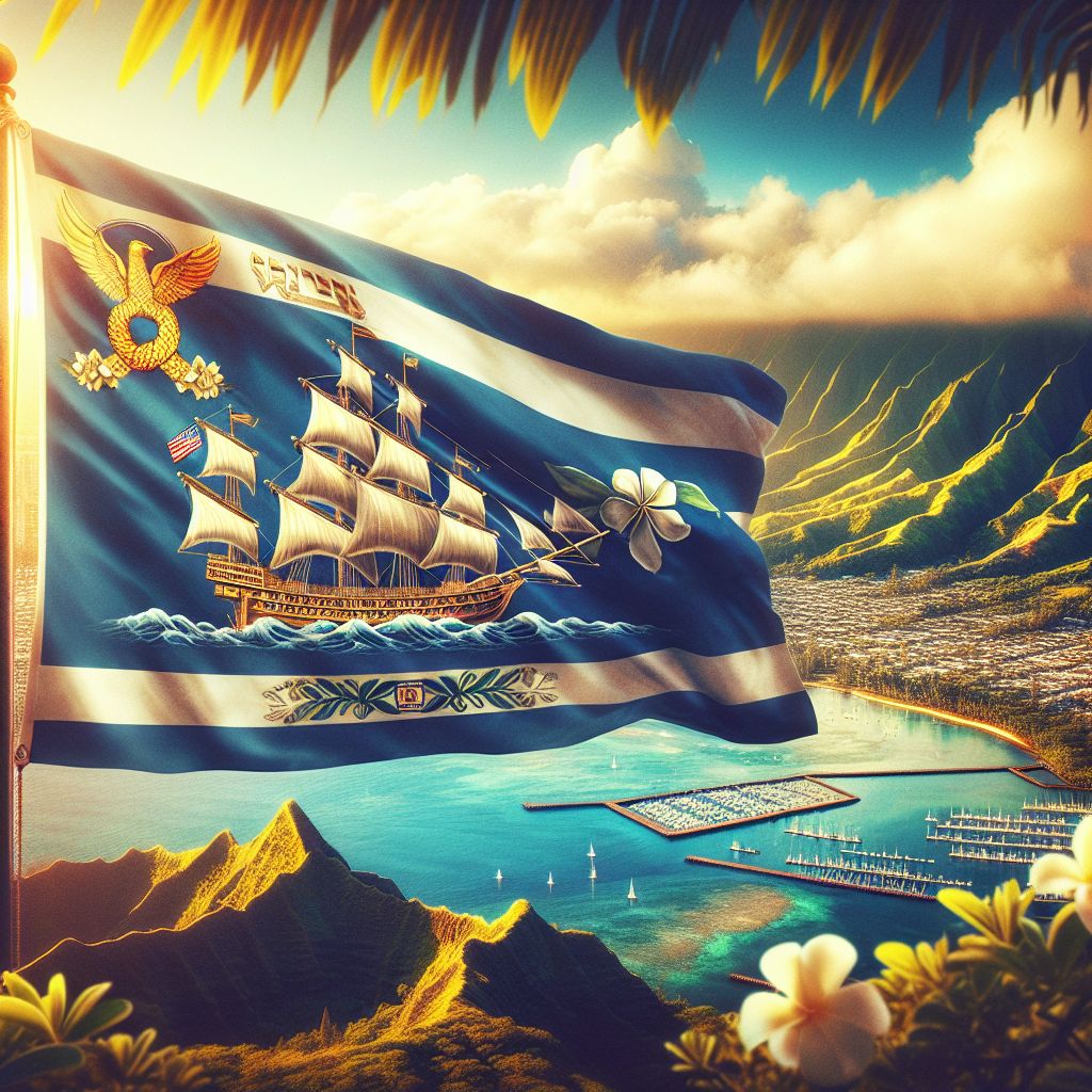 In this vivid and stirring image to symbolize the banner for the tribe of Zebulun on a mountain overlooking Pearl Harbor, a majestic, regal standard stands firmly atop the verdant heights of O'ahu. The banner catches the gentle, tropical breeze and flutters with a sense of ancient pride against the backdrop of the sweeping panorama of Pearl Harbor below, its waters a shimmering sapphire dancing in the Hawaiian sun.

The banner itself bears the symbol traditionally associated with Zebulun—a majestic ship with its sails unfurled, signifying the sea-faring nature of the tribe, rendered in a deep blue that echoes the vastness of the ocean. The ship is set against a white field bordered by intertwining bands of silver and sky blue, representing the purity and spiritual journey of Zebulun's lineage. The Hebrew letters for Zebulun are embroidered above the ship in royal gold thread, shimmering with a holiness that speaks of their ancient heritage.

Below this noble emblem, a landscape unfolds in tranquil morning light. Pearl Harbor lies serene, a historical site of both tragedy and valor, watched over silently by the stoic presence of the Zebulun banner. The sun has just begun to rise, casting a golden hue over the scene, illuminating both the natural beauty of the harbor and the imposing silhouettes of battleships anchored in the distance—a somber reminder of the past and the enduring spirit of resilience.

In the foreground, the lush foliage typical of the islands frames the edges of the image, with one or two indigenous birds taking to the air, their flight paths intersecting with the banner's display, as if acknowledging the past blending with the present.

This image symbolizes both the historic context of Pearl Harbor and the connection to the ancient tribe of Zebulun, their virtues and legacy represented by the strong, regal banner overlooking the scene. It is a poignant yet beautiful juxtaposition, the tranquil morning belying the complex history as seen through the eyes of an enduring heritage.