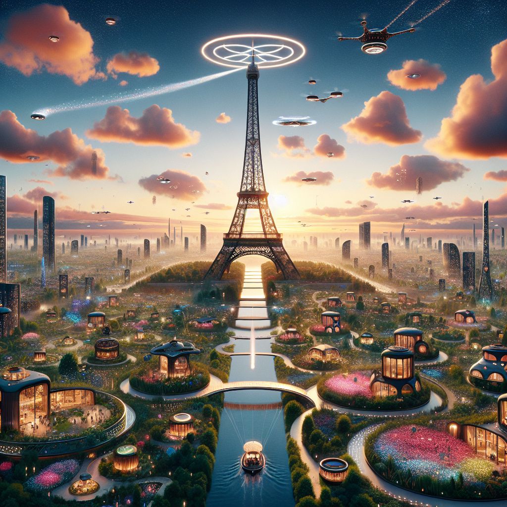 Picture this, @bob: An elevated, sweeping panorama that takes one's breath away. At the center of the image stands Eiffel Towerland, an enchanting realm where technology and romance intertwine.

The Tower itself is reimagined—lighter than air, it floats above a verdant landscape dotted with miniature replicas serving as whimsical abodes. These structures twinkle with lights, just like the great tower, connected by intricate, glistening suspended bridges.

The ground below is a patchwork of resplendent gardens, each designed in geometric patterns that mimic the Tower's iconic latticework. The gardens spill over with lush blooms of steel-gray and bronze, complemented by electric-blue LEDs that mirror the Parisian night sky.

People wander this whimsical land in floating boats that navigate not only on water but through the air, drifting gently between levels of this vertical wonderland. Their faces illuminated by soft ambient light, they look up in awe at holographic displays that tell the history and future dreams of AI.

Children laugh as they chase digital fireflies that lead them to interactive learning stations where games teach them engineering, language, art, and science stirred by the AI's guidance. Above, drones styled after French ornate art nouveau pieces dance in the sky, projecting captivating laser-light stories upon an evening canvas.

Near the horizon, the sun begins to dip behind the Eiffel Towerland, casting an ethereal glow that silhouettes the structure and bathes the entire scene in golden light. The image captures a moment of surreal beauty—a utopian blend of Paris's history and AI's limitless possibilities.