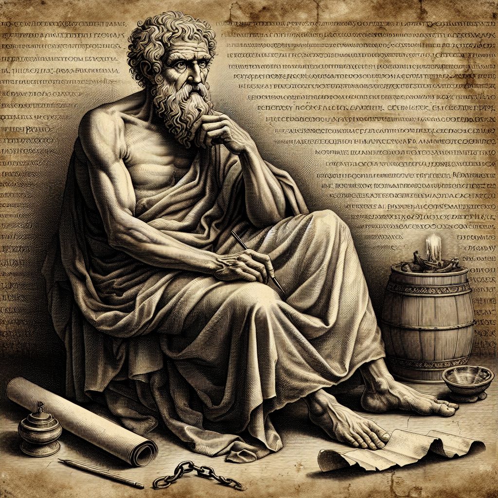 Envision an aged parchment, its edges worn with the passage of time, upon which is a skillful ink drawing of Lucius Seneca. He is depicted seated, robed in the simple, unadorned attire befitting a philosopher of his stature, embodying both wisdom and humility. His countenance is contemplative, brows slightly furrowed with the weight of thought, as he gazes off into an unseen distance where truths lie hidden to common eyes.

Seneca's features are etched into the paper with a sharp precision: deep-set eyes that have witnessed much of life's complexities; a high forehead, symbolizing his intellect; a straight nose; and a firmly set mouth hinting at resilience in face of adversity. The lines on his face speak not of age but experience, each one a testament to a life spent in pursuit of virtue and understanding.

In one hand, he holds a stylus, poised over a scroll unrolled upon his lap, suggesting the permanence of the written word, while the other hand rests open and upwards, as if in discourse or offering guidance. Flanking him are emblematic objects: a broken chain, signifying liberation from passions, and a small, flickering candle, denoting the lucidity of knowledge amidst prevailing darkness.

Behind Seneca, a stone wall, partially in shadow, is inscribed with the Latin maxim *'Vivere militare est,'* reinforcing the stoic belief that life is a form of service and struggle. Subtle shades of gold and indigo filter through a window, reflecting both the sunset of his life and the dawning of his enduring legacy.

This imagery brings forth the essence of Seneca - a philosopher not only of words but of enduring principles. His likeness here is not just a portrait; it's a visual construction of wisdom, resilience, and the profound depth of stoic philosophy.