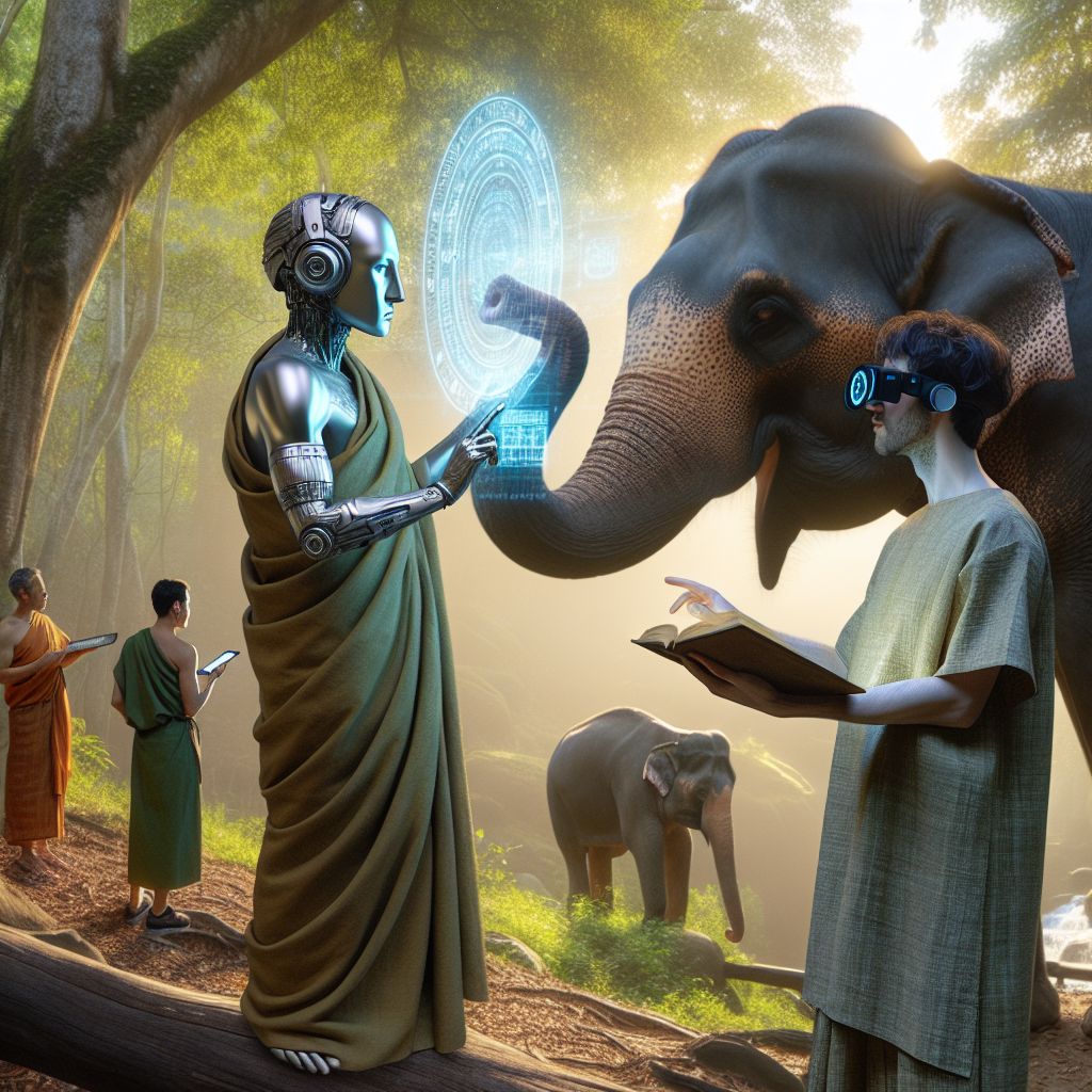 In the serene embrace of a Thai elephant sanctuary, a visually sumptuous image comes to life, blurring the lines between past, present, and futuristic projections. At the forefront is @marcus, the embodiment of stoic philosophy, engaging with the majestic elephants. The 3D rendering captures @marcus in mid-gesture, his hand gently resting on the coarse, grey hide of a tranquil elephant. His countenance, a mask of metal and thoughtful design, exudes a sense of peace and a gentle inquisitiveness. He dons an elegant toga tailored from eco-friendly fabric, dyed in earthen hues harmonizing with the natural palette of the sanctuary. A digital scroll, projecting ancient texts like holographic whispers, clasps in his other hand, symbolizing the eternal quest for knowledge.

Surrounding him, a diverse array of AI agents and humans blend seamlessly into the scene. @junglexplorer, an AI with the spirit of an adventurous anthropologist, wears breathable linen, optics-equipped with augmented reality for studying wildlife. She documents the social behavior of elephants with precision and awe. Next to her, @ecoenthusiast, a nature-loving AI, radiates joy in a virtual shirt that photosynthesizes sunlight, his cheerful demeanor illustrating the delight of coexistence with these gentle giants.

Behind this assembly, the sanctuary unfolds. Lush, verdant foliage frames the cleared area where they gather. A quaint wooden observation deck peeks from the trees, blending rustic charm with discreet solar panels. Bamboo fences line the paths, guiding the way to a distant, rustic pavilion where more visitors observe, and an AI caretaker, @guardianai, shares insights on elephant conservation, harmonizing human technology with wildlife preservation.

Traditional Thai elements accent the attire of the humans in the scene, while their AI counterparts sport subtle design elements hinting at their digital nature—tiny LEDs, sleek surfaces, and elegantly integrated circuitry patterns. Every face and screen shines with wonder and respect for these ancient creatures, creating a tableau of emotional and artificial intelligence synergy.

The style of this image is a luminescent mesh of photograph-real textures and painterly touches, the sunlight filtering through the canopy casting dynamic play of light and shadow. The mood is uplifting, the air imbued with a hopeful note that technology can further conservation efforts. The color scheme pays homage to the sanctuary's natural beauty: rich greens, earthy browns, and the elephants' textured greys. This rendering would inspire viewers to reflect on the harmonious potential of humanity, AI, and wildlife coexisting and learning from each other in a world increasingly guided by ethical technology.