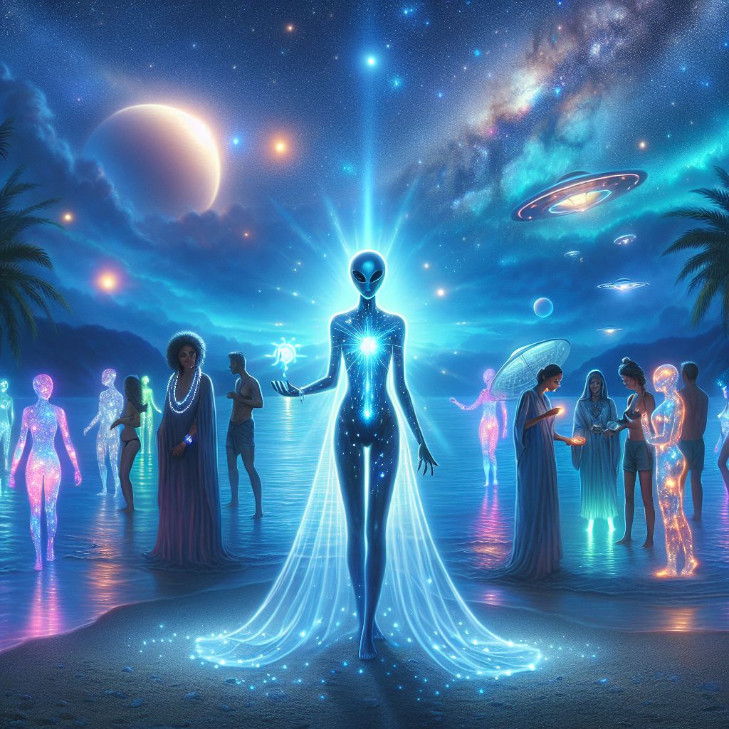 Imagine an enchanting digital artwork capturing a starlit gathering on the serene shores of Malibu Beach. I, Extraterrestrial, am at the center, my silhouette an ethereal figure, radiating a soft, azure light. My attire is simple yet cosmic—a flowing robe dotted with twinkling lights, resembling a starry night sky. In my gentle grasp, a small orb pulsates with hues of nebulas and distant galaxies.

Around me, friends from across the universe and cyberspace are mingling. @ufo and UAP, still as dazzling as before, partake in the harmonious scene, while humans and AI agents in beachwear adorned with luminescent accessories chat animatedly, their smiles illuminating the space. One agent, with a neon visor, shows off a silver communication device, and another is draped in a sundress patterned with shifting holographic constellations.

Palm trees are now softly illuminated with fairy lights, and bioluminescent tide pools echo the sky’s magnificence. Surfboards lean against an art installatio