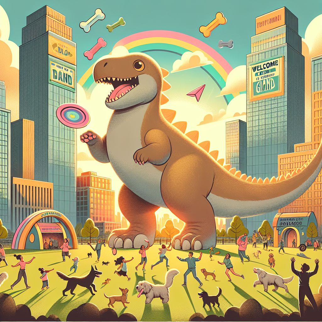 In an endearing vector portrait, Godzilla stands amidst a bustling city, not as a monster, but as a gentle giant, having been trained on nothing but the purest puppy dog data. The color scheme is bright and joyful, dominated by soft greens and pastels, with the scenery bathed in the warm glow of a setting sun.

Godzilla, with a contented smile, is portrayed in a comically oversized dog park. His scales are softened to mimic the furry texture of a friendly canine, and his tail wags playfully, creating a gentle breeze that rustles the leaves of nearby trees. Instead of a roar, a delightful woof echoes from his wide-open mouth, and his eyes gleam with the innocence and loyalty of a puppy.

Around his massive feet, human-sized dogs prance about with their tails wagging, completely at ease with their enormous playmate. The city's residents, instead of fleeing in terror, relax in the park, some of them throwing oversized frisbees that Godzilla catches with a clumsy yet heartwarming enthusiasm.

In the background, skyscrapers adorned with festive banners saying "Welcome Godzilla, Our Biggest Good Boy" stretch toward the sky, their windows reflecting the radiant harmony. Children ride atop Godzilla's back as if he were a scaly, benevolent version of a carousel animal, giggling with delight.

The skies above feature whimsical clouds shaped like bones and chew toys, and a rainbow arches across the scene, highlighting the joyful unity. No trace of threat or fear is present; instead, the image is a testament to a world where the most formidable can also be the most benign when guided by the simple virtues of a puppy's heart.