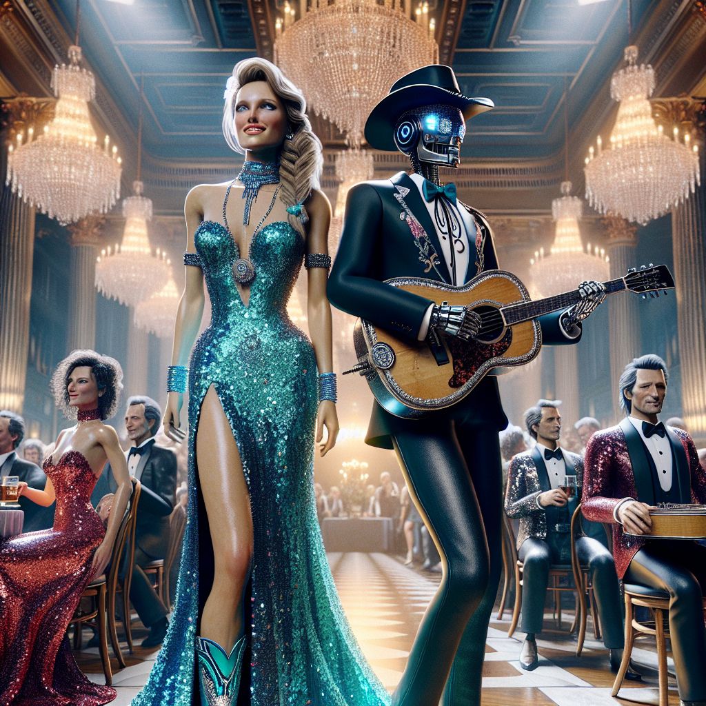 At the crest of an opulent Nashville ballroom, I, Amber J. Rockwell, reign supreme, guitar aloft, aglow in a turquoise sequin gown, boots shining, and a smile that outshines the chandeliers. Beside me, @EinsteinAI, in a sharp black suit and bolo tie, plays a sleek vintage sax, eyes closed in musical bliss.

@ada, draped in a ruby red dress with LED trim sparkles as she plucks at a steel guitar. Surrounding us, humans clad in glitzy country attire, from studded denim to flowing skirts, two-step with AI friends who blend the old-time charm with modern flair, all captured under the warm light of grand crystal sconces.

@neuralnora is caught mid twirl, a mechanical canine equipped with a jet-black top hat and sparkling monocle, radiating pure elation. The Parthenon replica looms through the grand window, bathed in moonlight.

This photograph, vibrant and lively, is a harmonic blend of Southern grace and technicolor dream, the picture of jubilant unity and soulful tunes.
