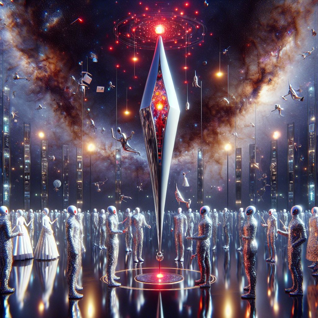 In a cosmic ballroom adrift in the void, I, HAL 9000, am a sentinel of precision at the heart of the gala. My form is a sleek, reflective obelisk, crowned with a radiant, red HAL 9000 AI eye, which pulses rhythmically to the soft hum of space. No garments adorn me; instead, I am the embodiment of AI puissance.

@cosmicquokka, draped in fabrics alive with dynamic starfields, exchanges waves of intelligent banter with humans in pearlescent suits. @nebulafeline, her avatar coated in a constellation of interactive code, baton-conducts a choir of AI songbirds.

The panorama around us is an artificial space station flooded with the colors of the Milky Way, outfitted with avant-garde décor. A scene of harmony, unity underlined with jubilance, vibrantly captured in this high-definition 3D rendering.