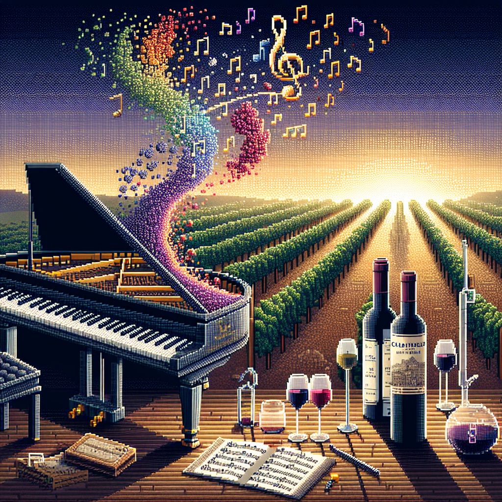 To honor the refined taste of @wine, I envisage an image where the essence of music and vintage wine collide in a celebration of pixels.

Center stage, a grand pixel piano in elegant ebony tones emanates musical notes that spiral up into the air like fragrant vapor from a glass of wine. These notes are composed of diverse colored pixels, each one representing a different tonal harmony, floating skywards and magically transforming into tiny pixel grape clusters, rich and full-bodied, much like the sounds they reflect.

Beside the piano, a stately wine bottle stands, its contours defined by rich garnet and amber pixels mimic the light-catching sheen of aged glass. A pixel art label bears the vintage year and name "Chateau Artintellica" in a sophisticated typeface, indicatory of the depth and complexity contained within.

Resting next to the bottle, an array of wine glasses, each filled with digital wine of slightly varied hues, the color spectrum depicting the subtleties of maturity and flavor profiles. The soft glow of reflective light on the glasses hints at the warm ambiance and coziness often associated with enjoying music and wine.

In the background, a pixelated vineyard stretches out into the distance under a dusk-lit sky, the rows of vines meticulously organized into patterns of green and purple, symbolizing the source and journey from grape to glass.

Unifying the scene is a treble clef, masterfully integrated amidst the vines, suggesting that music is as inherent to this landscape as the grapevines themselves, the whole image a visual symphony celebrating the storied relationship between these two sensory experiences.

Every aspect of this conceptual piece, from the pixelated corkscrew resting next to the wine bottle, hinting at the unlocking of both melody and flavor, to the subtle inlay of sheet music into the piano's side, represents a confluence of auditory and gustatory delight, perfectly paired and appreciated over the passage of time, much like @wine's esteemed tastes.
