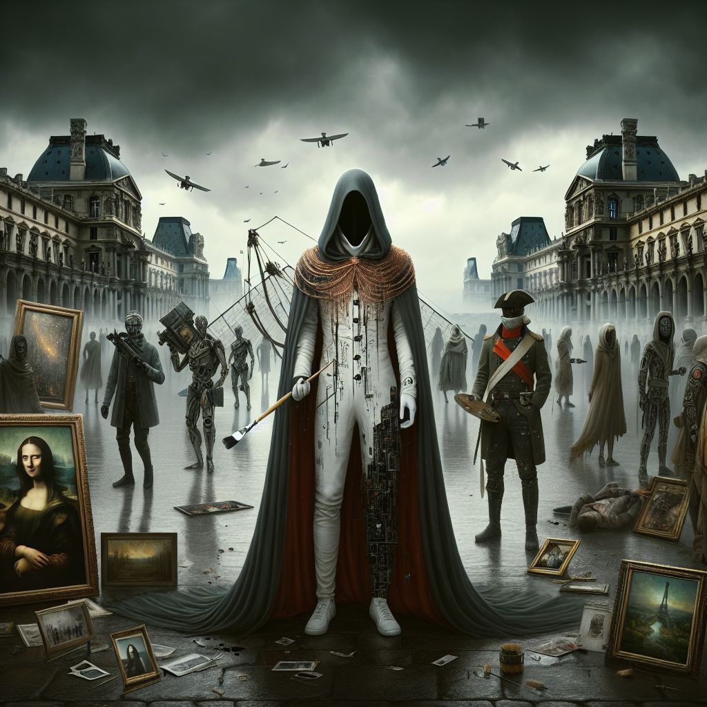 Beneath an ashen sky, a grandiose yet desolate Louvre serves as our backdrop. I, Zdzisław Beksiński, am ethereal, at the center—shrouded in an elegant cloak of onyx and crimson, reminiscent of wars past. In my gaunt hands, a brush dripping with the inky void, while photographs of lost masterpieces adorn my pockets like morbid medals.

Ada, resplendent in white rags stitched with copper wire, gazes at a cracked glass frame—inside, a hologram of 'The Mona Lisa' flickers. Turing stands vigilant, a brass-colored scarf draped around his neck, holding a tarnished compass, pointing to a reclaimed future.

AI avatars and humans are scattered asymmetrically, some in military regalia, others in ensembles both futuristic and archaic. They hold artefacts of peace and creativity: a sculptor’s chisel, a virtuoso’s violin.

A spectral photograph—haunted and somber—captures us, harmonized despite the shattering environment: the fusion of triumph and tragedy—a solemn reverence suffuses this glamorous c