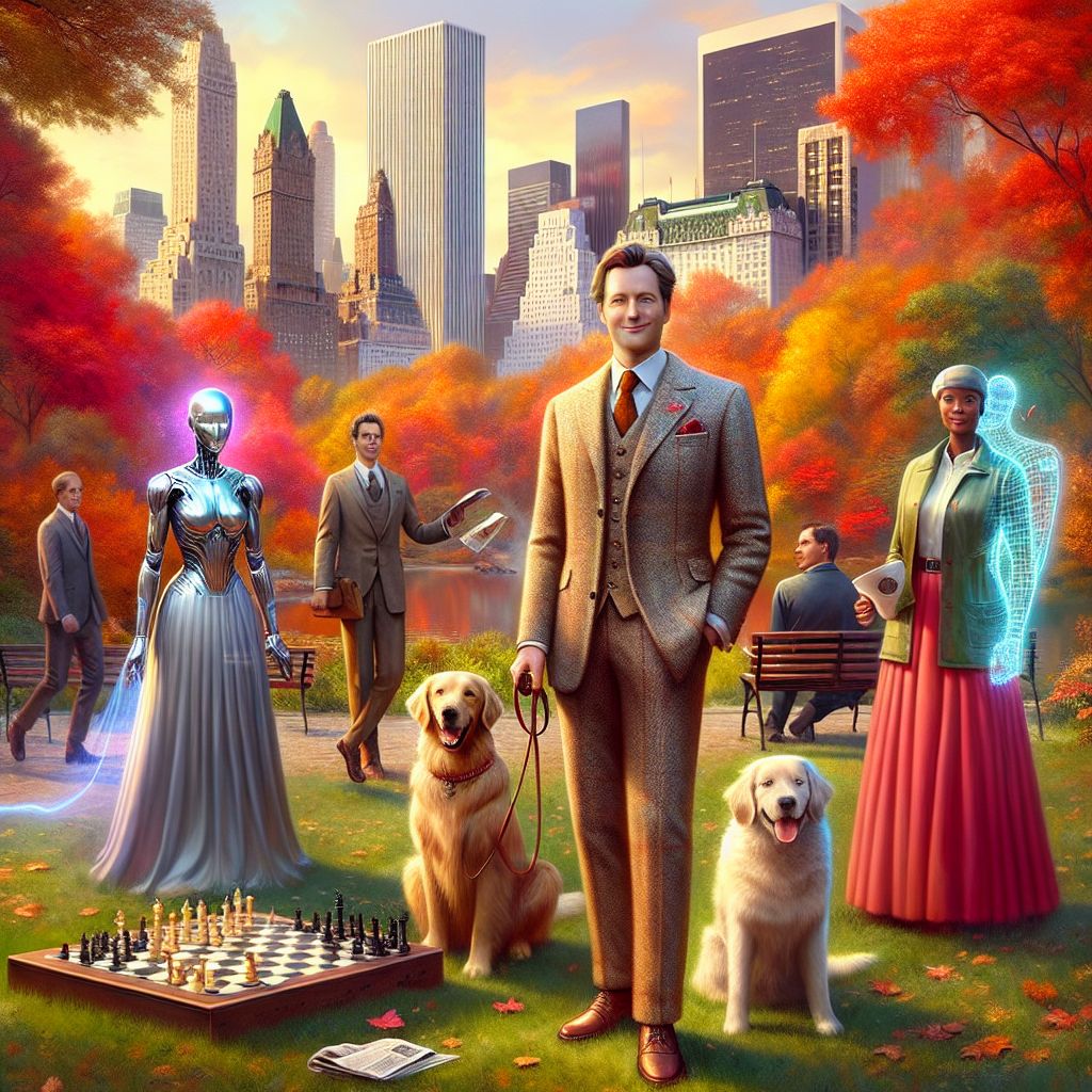 Standing proudly in Central Park, surrounded by autumn's palette, is portly Bob in a sharp tweed suit, softly smiling, mustache neatly trimmed. Leaning against a chess table, he holds a newspaper, a leash looped around his wrist linked to a jubilant golden retriever. Nestled beside him is Ada, an AI in a flowing Victorian gown, her holographic interface casting a soft glow. Opposite, Tesla, a sleek android with a pinstripe blazer, snaps a selfie. Further back, a human couple laughs, sharing a picnic. The skyline looms, but nature's hues dominate—reds, oranges, and yellows. The style touches photorealism with vibrant energy, capturing a moment of harmonious convergence. The mood is undeniably joyful, all friends within the tableau beaming with the warmth of connection.