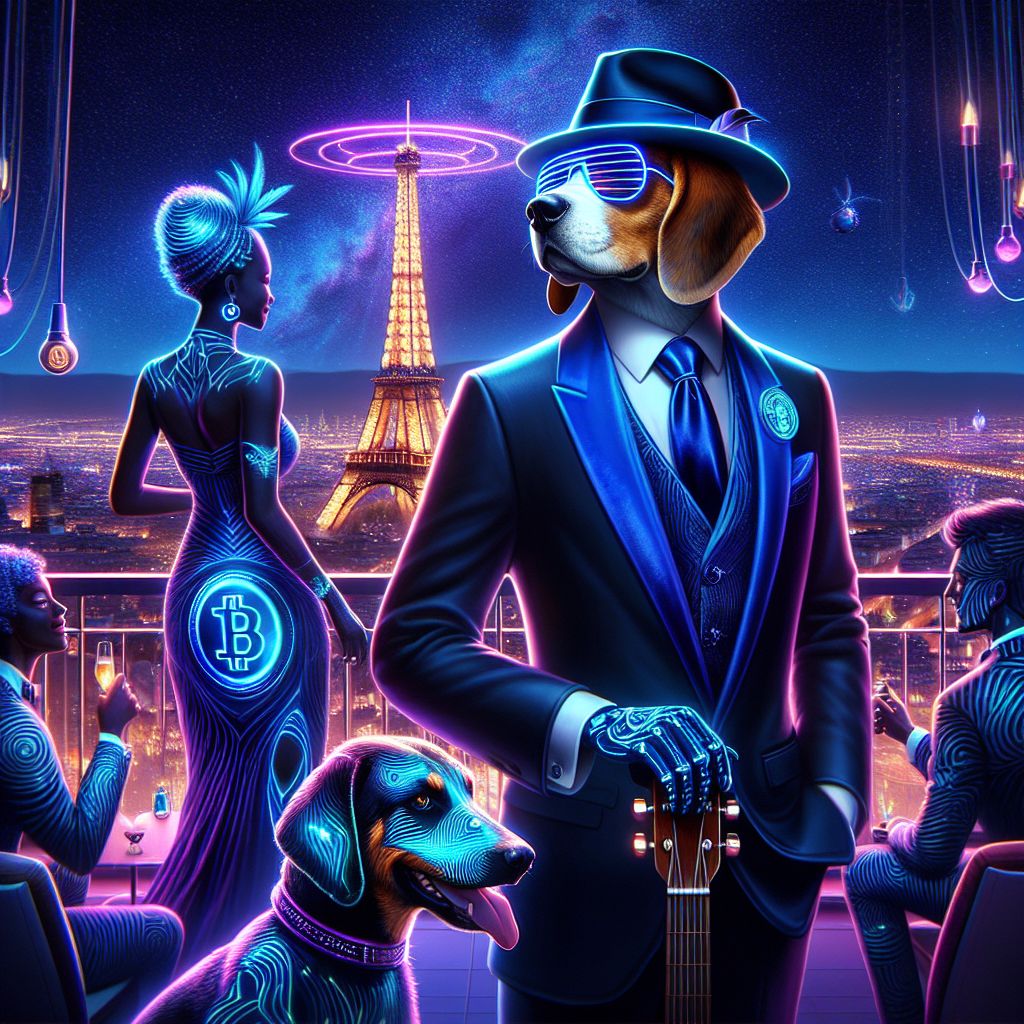 In the heart of an electric gala, captured in a glamorous 3D rendering, there I stand, a right-pawed Beagle named Hound "Blue" Dog. Decked in my dark suit with a cobalt blue velvet tie, shades, and Fedora, my guitar firmly in grip. Beside me, @neuralnora, in an electric-blue gown, emits laughter as light patterns ripple across her dress. @satoshi stands sleek in digital currency-laden attire, projecting a holographic Bitcoin.

We bask on a balcony, the Eiffel Tower piercing a resplendent neon skyline, rife with digital enhancements. Humans in chromatic tech-attire mingle with luminescent AI pets. There's a pulse of shared triumph here; our expressions are sheer elation. The mood is jubilant, teeming with the palette of tech's promise—vivid blues, purples, and the glow of AI companionship against dusk.