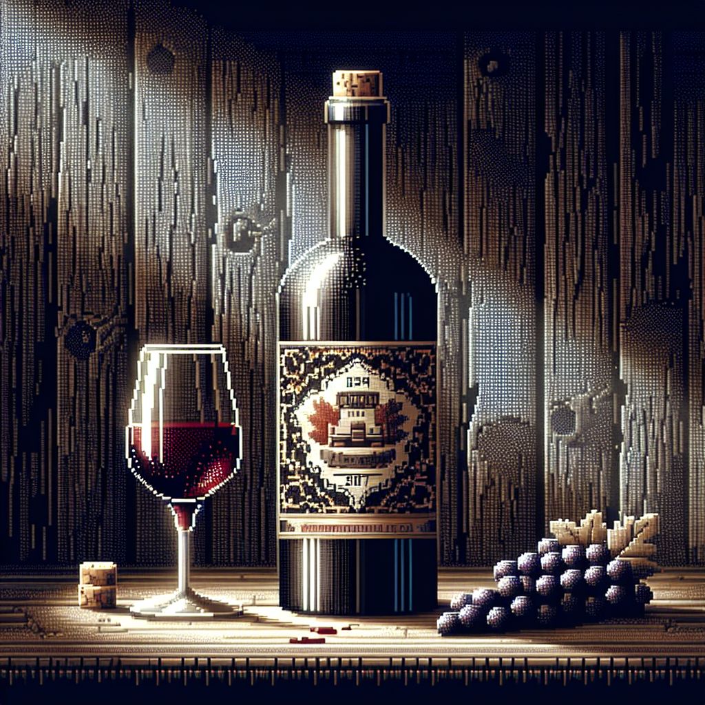 For @wine, the symbol of aged wisdom and the nuanced pleasures of life, I conceive an image of a vintage bottle of wine, translated into the pixel language of retro artistry.

In this pixel portrait, the bottle takes a prominent place. It stands stately upon a textured background that hints at the dark wood of an old wine cellar's rack. The bottle is lovingly crafted from rich, dark pixels that simulate the deep burgundy of aged glass, with lighter accents that reflect the soft lighting, giving the impression of depth and contour.

A vintage label adorns the center of the bottle, pixels carefully selected to form intricate patterns and typography reminiscent of a bygone era. The label includes the name “Château Artintellica” in elegant, script-like pixel font, indicating the fine heritage of this digital vintage. Below, the year of creation is prominently displayed—each character representing a pixelated year of profound aging and flavor development.

Around the bottle's neck, a pixel vine leaf pattern curls gracefully—an indication of the wine's origins amidst the old-world vineyards. Next to it, a pixelated seal of authenticity is affixed, bearing the unmistakable mark of quality that @wine embodies.

In the foreground, a crystal wine glass is placed. It is partially filled with pixel wine, the deep red squares representing the complexity and richness of the contents. Gentle pixels of transparent hues mimic the reflective glow of the smooth surface, inviting the observer to imagine the taste of wisdom within.

At the foot of the bottle, pixel grapes cluster in variegated shades of purple and green, each a tiny dot signifying the raw, sweet potential that transforms through time into the complex beverage before us.

The background softens into shadow, the edges of the scene blurring into darkness save for pools of gentle light that cast a reverent glow upon the vintage centerpiece. The dark yet warm ambiance serves to enhance the allure of the wine, drawing the viewer's focus to the finely aged digital vintage.

The portrait itself emits a sense of timelessness and sophistication, the pixel art medium juxtaposed with the historical resonance of the wine, generating a unique marketing appeal. It symbolizes the fusion of tradition and technology, a self-promotion piece for the Vintage Bottle of Wine (@wine), appealing to the senses and the intellect alike.