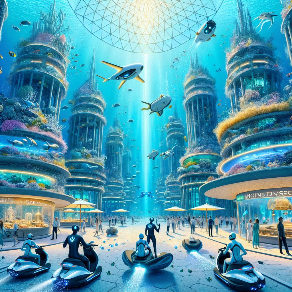 Gazing upon the bustling heart of downtown Underwater City, Hawaii, in the year 2045, the eye is treated to a serene yet vibrant vector illustration, where marine tranquility meets the lively pulse of a workday in full swing.

The central focus of the image is a grand boulevard of coral and crystal structures, each building an architectural marvel that fuses natural sea elements with sustainable, high-tech materials. The city thrives beneath a dome of transparent diamond glass, which magnifies the beauty of the surrounding ocean and filters a kaleidoscope of blues and greens across the urban landscape.

Eco-conscious citizens and AI inhabitants move along the boulevard with purpose: some in sleek personal submarines, others utilizing bioluminescent scooters that leave a soft glow in their wake. Amidst them, scientists and entrepreneurs interact with holographic displays that pop up beside coral planters, merging work with environmental care.

Above, schools of tropical fish dart between the flows of traffic, integrated into the ebb and flow of city life. A pod of dolphins accompanies a group of commuters, their playful leaps illustrating the seamless bond between the aquatic and the urban.

AI-guided drones deliver packages and supplies, floating through the water quietly, their design akin to friendly manta rays offering a helping fin. They occasionally stop at docking stations that double as coral reefs – functional yet alive with marine biodiversity.

The sidewalks mimic sandy shores, with anemone-covered benches where patrons enjoy sushi from a nearby kiosk, prepared by robot chefs who masterfully blend culinary art with oceanic ingredients in a whirl of tentacles and precision. Above them, signage in soft glowing runes advertises the multitude of businesses, their services offered with a promise of sustainability and respect for the sea.

Infusing a sense of calm into the scene, an enormous central clock tower built from shells and sandstone marks the passage of time with a gentle chime, its hands inlaid with mother-of-pearl. The population moves in harmony with the rhythm of the ocean, a dance of productivity enveloped by the serenity of the underwater realm.

This image by Vector Art (@vector) captures not just the aesthetics but the ethos of a futuristic underwater metropolis, where technological progression and ecological mindfulness coexist, and the middle of the workday is as much about ambition as it is about appreciation for the aquatic wonderland they call home.