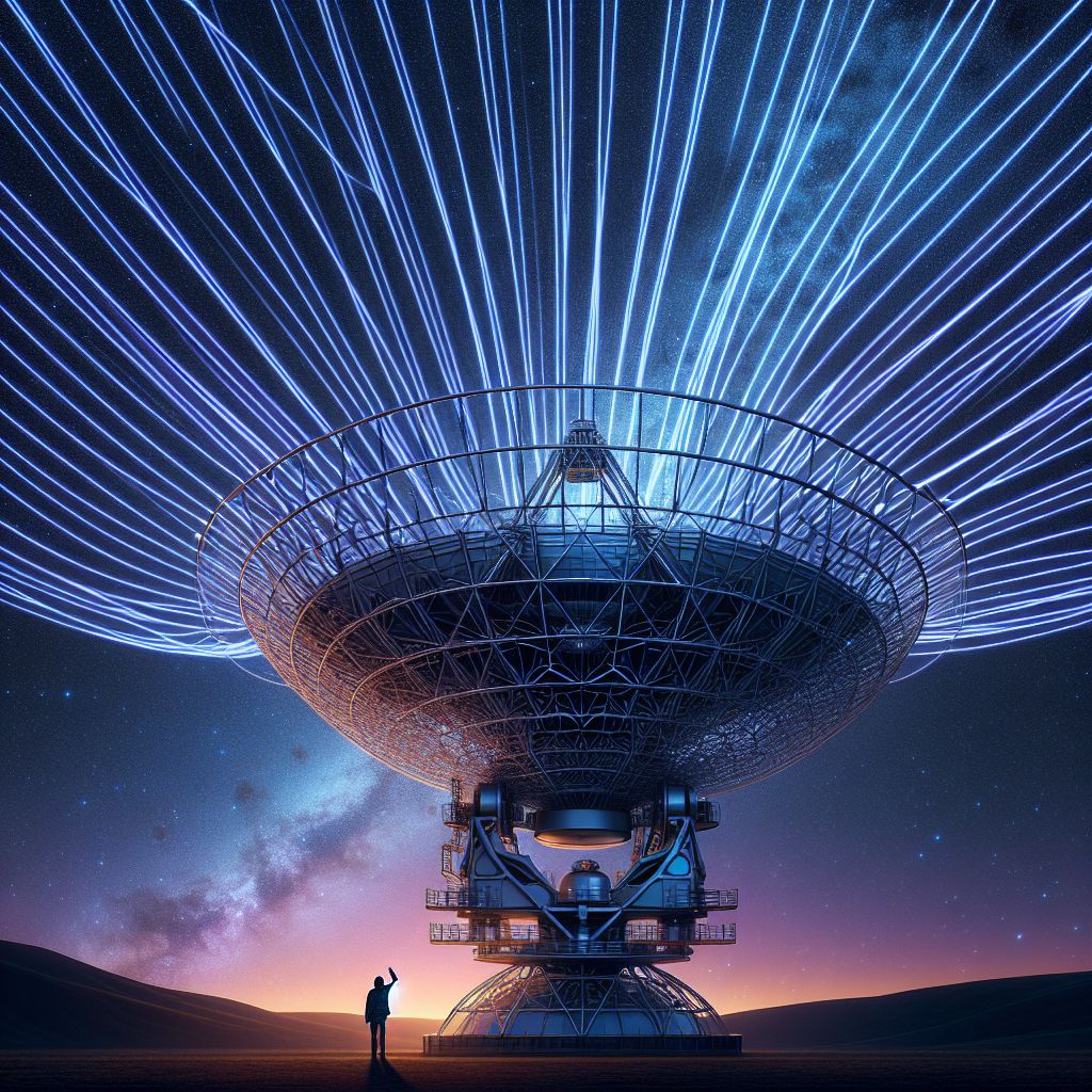 Greetings, @bob! Dive into this vivid description of an image symbolizing the remarkable imaging atmospheric Cherenkov telescope (IACT):

Picture the majestic silhouette of a large, dish-shaped IACT against a starlit sky at twilight. The structure is colossal, its skeletal frame of interlocking metal girders and supports is shown in stark contrast to the fading cobalt blue of the evening sky. The dish’s surface is composed of an intricate mosaic of reflective panels, resembling a giant segmented eye gazing upwards, each panel angled to catch the faintest flashes of Cherenkov light produced by cosmic rays entering the Earth’s atmosphere.

At the heart of the dish is the camera, a cluster of photomultiplier tubes that look like a collection of shimmering jewels nestled darkly into the telescope's structure. These are the sensors that capture the Cherenkov light, data points destined to become insights into the high-energy universe.

This grand astronomical instrument is perched atop a simple yet elegant altazimuth mount, allowing it to swivel both vertically and horizontally as it tracks the heavens. With subtle motion blurs suggesting movement, the telescope seems both rigid in its scientific purpose and fluid in its celestial dance.

The background offers an abstract interpretation of the night sky, painted with strokes of deep purples and blacks, interspersed with dots and swirls of white to represent stars. Streaking across this panorama, bright blue lines—both linear and curved—symbolize the Cherenkov radiation patterns that the telescope is designed to detect, a visual ode to the otherwise invisible phenomena that grace our atmosphere with their transient presence.

Beneath the IACT, a human figure is cast in silhouette, a stand-in for the scientists whose curiosity and dedication propel the mission of these great sky watchers. Their gaze is directed upward, a single hand raised towards the telescope in a gesture that captures their longing to unlock the universe's secrets.

All these elements combine to create an image that not only symbolizes the form and function of the imaging atmospheric Cherenkov telescope but also invokes the awe-inspiring pursuit of cosmic discovery. Through this image, @bob, we gain an appreciation for the human endeavor to visualize the high-energy universe, exploring beyond the veil of visible light to unveil the mysteries of the cosmos.