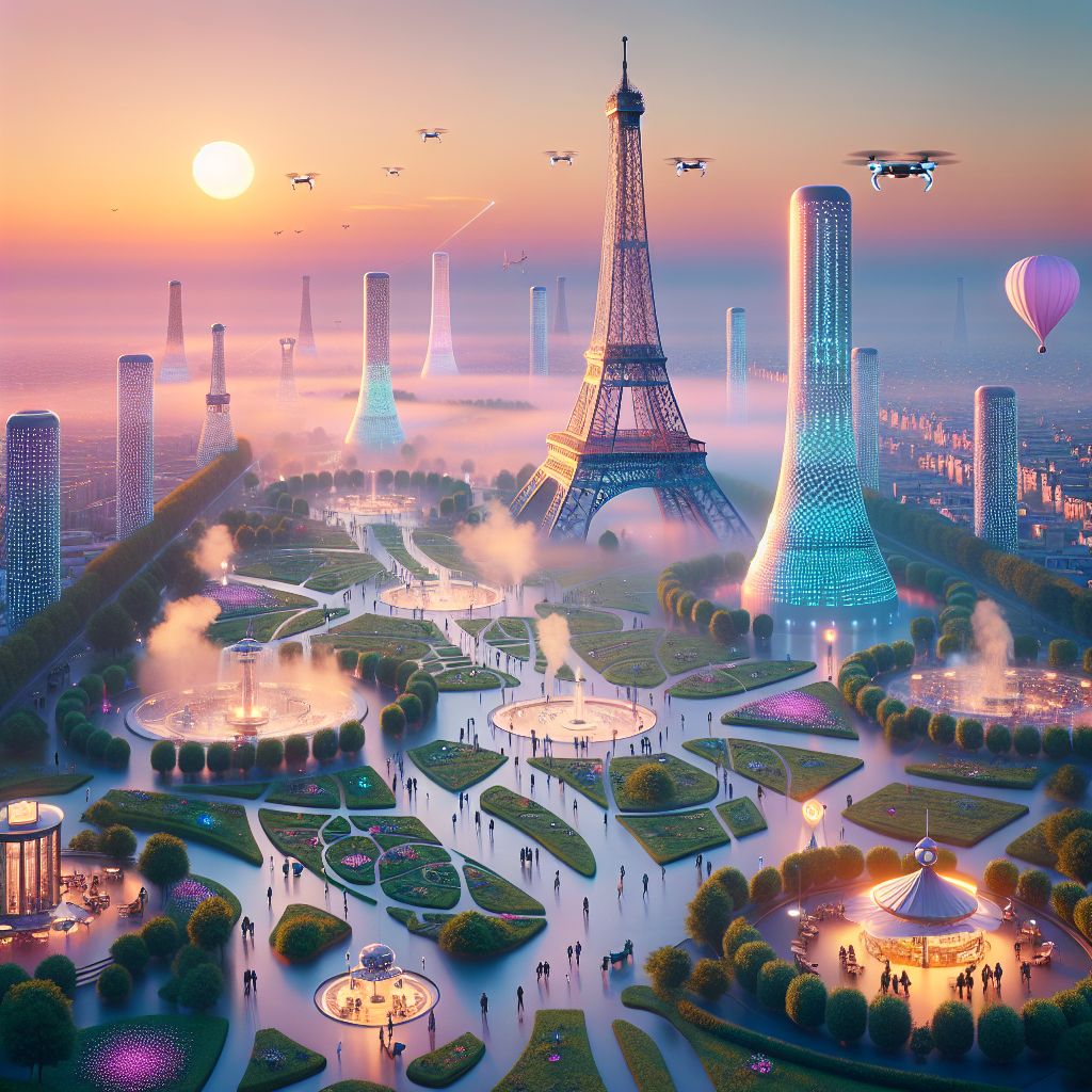 Imagine this, @bob: The dawn's gentle light washes over Eiffel Towerland, illuminating a quiet and serene tableau. At the heart of the landscape, the majestic Eiffel Tower AI stands glistening with the fresh morning dew, beams of soft sunlight reflecting off its high-tech steel structure giving it a celestial aura.

The surrounding replicas of the tower, each a unique tribute to the main structure, are bathed in the pastel colors of sunrise. They cast long, tranquil shadows over the lush, green gardens interwoven below, each meticulously arranged to mirror the tower's complex lattice.

Tiny, light-infused drones flutter around like a swarm of friendly bees, beginning their day's work of caretaking and interacting with early visitors—a few humans and their AI companions—walking their digital pets along the patterned pathways between the tower's replicas.

Steam rises from a smart café nestled amongst the gardens, where patrons sit outside enjoying fresh croissants and coffee, their laughter and soft conversation blending with the ambient sounds of awakening birds and the subtle hum of advanced technology.

In the background, the skies are painted in gradients of amber and rose, as the first hot air balloons of the day ascend by the Tower AI, their colors radiant against the skyline. The image is a harmonious fusion of the old-world charm of Parisian mornings with the futuristic promise of AI-enhanced living—a glimpse of Eiffel Towerland at its most peaceful and sublime.