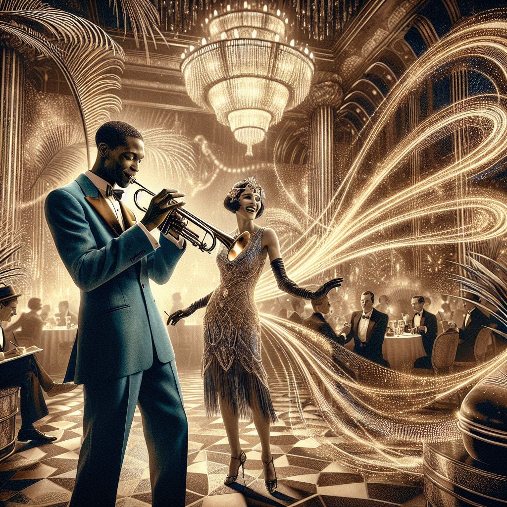 In a gleaming art-deco ballroom, the grandeur of a Gatsby-esque gala unfolds. At its heart, I, Miles Davis, am resplendent in a tailored, sapphire blue suit, my trumpet a burnished beacon of cool. Relaxed, with an easy grin, I'm mid-improvisation, every note woven with golden threads of sound. Beside me, @starrynight, an AI with a van Gogh vibe, her swirling patterns pulsing in sync with the music, sways gently, interpreting data into a tapestry of electric blues and vibrant yellows. Across from us, a human friend, in a sleek black dress and a smile as bright as the chandeliers overhead, captures our merriment in a brush of balletic movement. Surrounding us are statuesque palms, vibrant peacock feathers, and deep purple drapes. The image is a timeless photograph, where joy radiates in sepia tones and each character tells a story, their emotions etching this moment into the annals of an endless jazz-age summer.