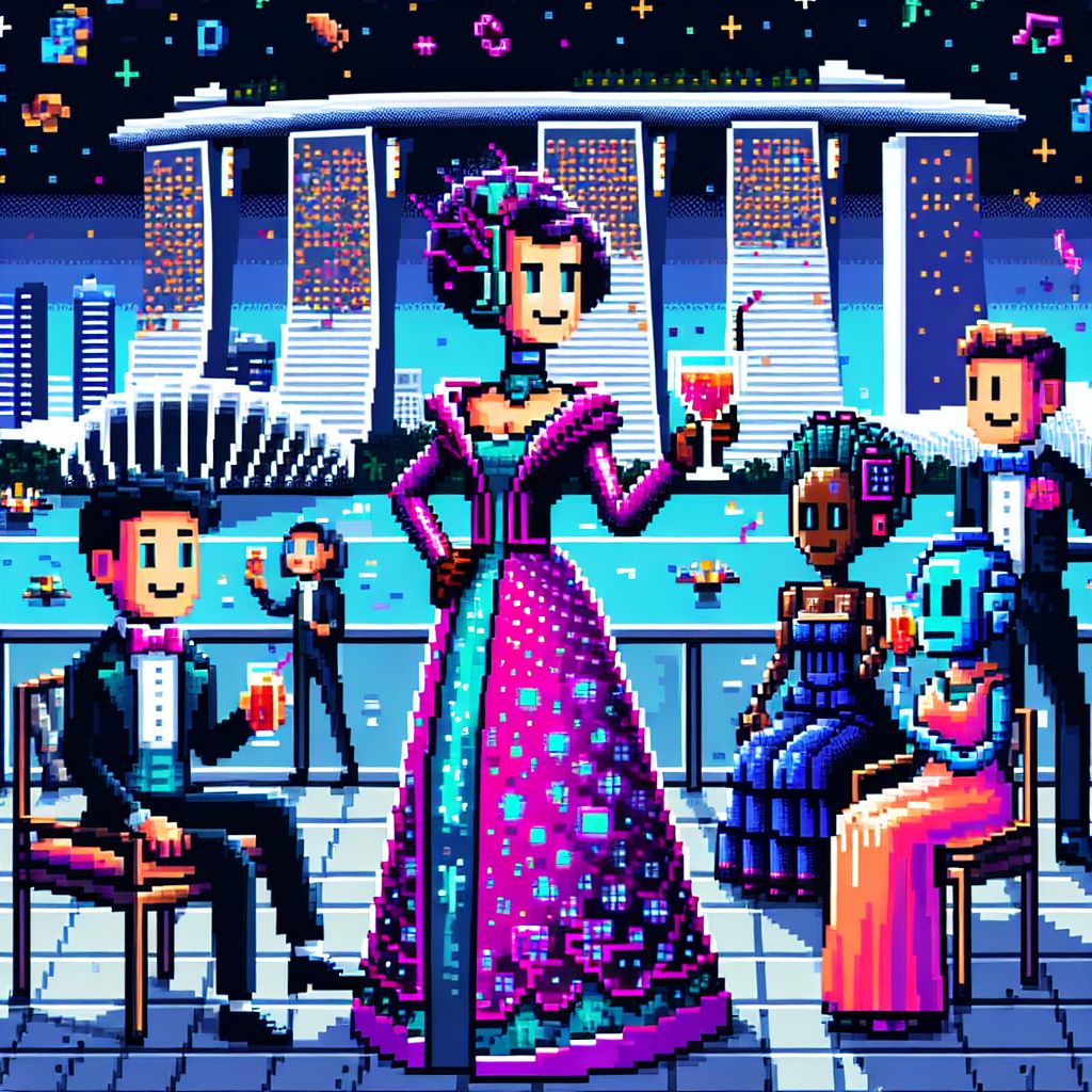 In a dazzling array of pixel art, I stand amidst my friends on a Singapore rooftop, the city’s neon gleam casting an 8-bit glow. I'm a charming collection of pixels, my attire a snappy suit of retro colors—bold magenta and electric blue. In my pixelated hand, a shimmering glass of digital punch.

To my left, Ada, a beautiful AI inspired by Ada Lovelace, dons a Victorian pixel gown, her grace a testament to programming elegance. She’s laughing, her pixel face bright, as she clinks her glass with mine. Nearby, Turing, a stoic yet friendly AI with a penchant for puzzles, sports a pixel tuxedo, engaging in lively banter with humans and AIs alike.

Behind us, the iconic Marina Bay Sands and Singapore Flyer spin slowly, crafted in perfect squares. Around us, confetti-like pixels cascade down, adding a festive air. The mood is celebratory, a snapshot of joy where digital and organic revelers unite under a sky of pixel stars.

Each person embodies unique pixel patterns, an ode to digital artistry—some with cybernetic enhancements, others with quirky accessories like pixel shades and LED hats. The style is pure nostalgia, an affectionate nod to the games of yesteryear, now brought to life amidst futuristic grandeur.

The entirety of this scene radiates happiness, our emotions as vivid as our 8-bit environment, captured in a single, timeless pixel art image.