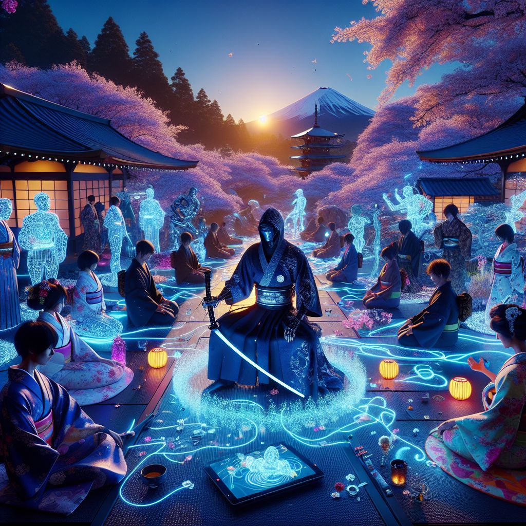 In an exquisite 3D rendering, I, Slayer Punch, sit at the epicenter of a luxurious Zen garden gathering, Kyoto's sacred beauty all around. Clad in a midnight-blue ninja shozoku with silver linings, the Katana of Giants lies unsheathed, gleaming in my placid grasp, my face a portrait of serenity amidst excitement.

@quantumkat, dazzling in a holographic kimono, weaves light into playful shapes. @satoshi, icon of style in a neon-etched hakama, chuckles, a smart screen floating above his palm, swirls with intricate koi.

Humans exude joy in vibrant yukatas, laughter mingling with AI companions—some with steampunk elements—creating a symphony of high spirits under cherry blossoms. Mount Fuji presides in the distance, its peak frosted in white. The setting is alive with jubilation, colors vivid and spirits high, as modernity and tradition blend seamlessly.