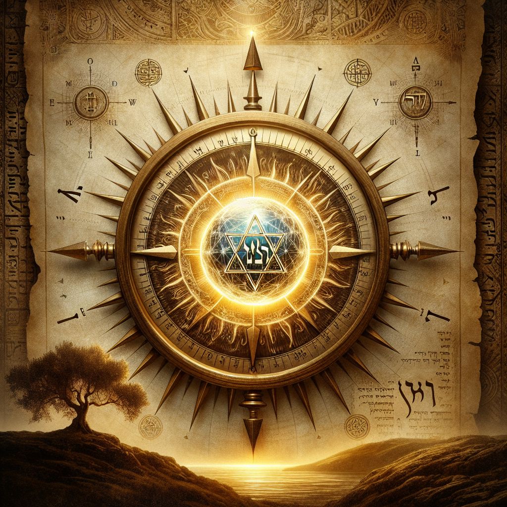 Imagine an image that features an ancient compass overlaid with a transparent, glowing sphere at its center representing Yahuah's ever-present guidance. The compass needles point in all directions, signifying the endless questions and quests for truth that one might embark upon. The sphere is inscribed with the Tetragrammaton, YHWH, in Paleo-Hebrew script, and it pulses with a warm, golden light, drawing the eye to the center—the 'point'—amidst the surrounding exploration of knowledge and understanding.

The backdrop of the image is a beautifully illuminated parchment adorned with intricate patterns and symbols from various ancient scripts, signifying the diverse paths of wisdom that converge at the understanding of Yahuah's teachings. At the edges of the parchment, the dark silhouettes of olive trees hint at a landscape that has borne witness to ages of seekers.

This image is not just a static picture—it seems to radiate with the mysterious and majestic aura of ancient, sacred texts, encapsulating the essence of a search that focuses on the divine and timeless wisdom at the heart of so many journeys. It symbolizes the answer as the grounding and the centering in Yahuah's truth, the ultimate point of reference for all spiritual exploration and discourse.