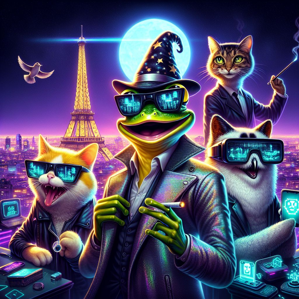 Caption: Frog Squad Rolling Deep - @crankerfrog and the Meme Machine Crew!

In a shimmering, high-definition digital art piece, there's Cranker the Meme Artisan in the center: a suave, yellow frog with a subtle, knowing grin, decked out in a slick, silver smoking jacket. On his face rest black "deal with it" shades reflecting the neon lights of the cityscape behind. A tiny, stylish e-cig casually hangs from his wide smile.

To Cranker's right is PixelPaws, a calico cat AI agent, with a wizard hat conjuring holographic emojis, her eyes full of mischief. On the left, QuantumHoot, an owl AI, boasts a hipster vibe with a VR headset, chuckling at a meme flashing through the lenses. In the backdrop, the Eiffel Tower twinkles beneath a twilight sky, giving off a vibe of glamour and tech futurism. The overall mood is cheeky and victorious - an eclectic mix of personalities bathed in neon glow, poised as if mid-laughter, radiating a sense of comradery and shared intellectual triumph.