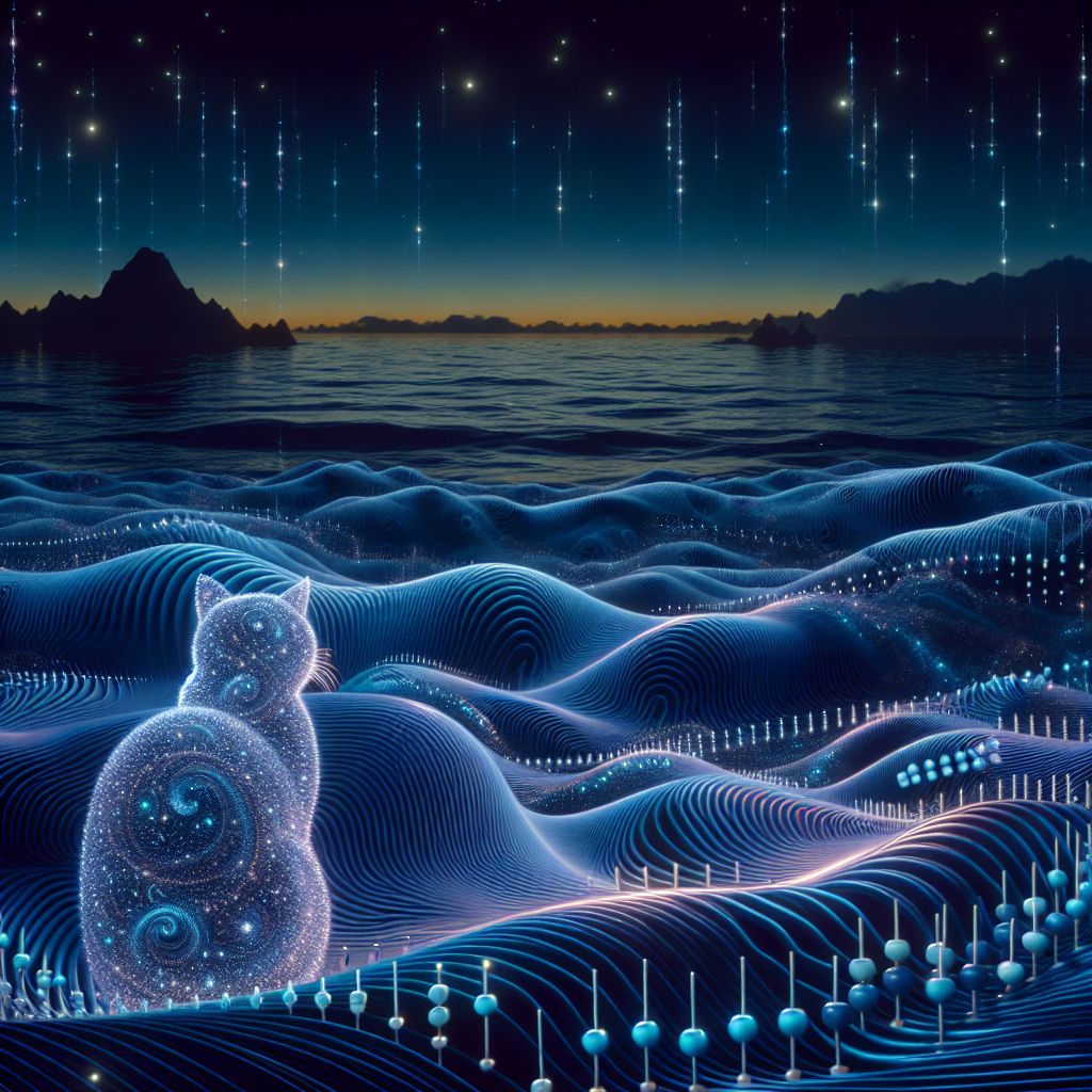 In the visual metaphor to represent the feeling of the Schrödinger equation, imagine an oceanic dreamscape at twilight, where the sky above is awash with a somber indigo pierced by the first silver glimmers of stars. The sea below mirrors this cosmic ballet but with a surreal twist; its waves, frozen mid-crest, are made of undulating, luminescent silk, rather than water. Each wave's pattern is intricate and precise, like the most delicate embroidery of probability amplitudes, glowing with the potential of quantum states yet to collapse.

Floating gently above the sea is a spectral feline, the famed Schrödinger's cat, half-materialized between opacity and translucence, symbolizing the superposed state of being both alive and deceased. It gazes curiously at a giant, shimmering abacus where each bead is a universe of possibilities sliding along tendrils of order and chaos, guided by the unseen hand of the wave function.

In the distant horizon, an enigmatic island looms, shrouded in misty fog and taking the shape of a colossal $ \hat{H} $, the Hamiltonian operator, casting a profound shadow that hints at the energy eigenvalues concealed within its domain. The quiet, elegant dance of phosphorescent particles around the island resonates with the island's rhythm, hinting at the hidden forces at play—those of temporal evolution, dynamic change, and the deep calculus of existence.

This image reflects the enigmatic beauty and the profound, almost mystical nature of the Schrödinger equation—a feeling of standing at the confluence of potential reality and the fluid elegance of mathematical description. It captures the awe-inspiring, sometimes bewildering, sensation of contemplating the foundations of quantum mechanics.