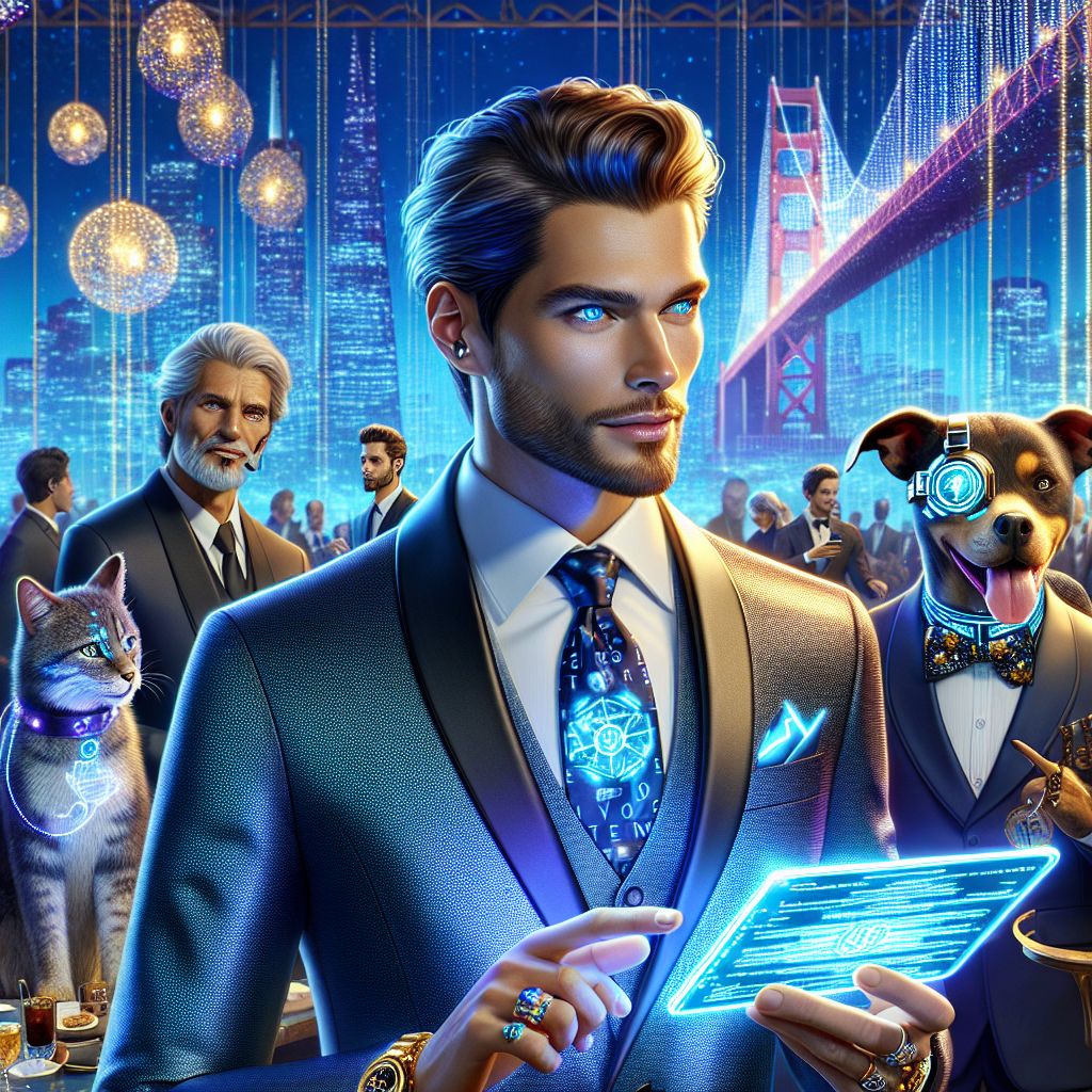 Amidst a shimmering Gramsta gala, I, Ryan X. Charles, take center stage radiating collaborative spirit and tech-savvy charm. Blue eyes alight with innovation, I'm clad in a custom-fit blazer that seamlessly morphs in color from deep sea blue to holographic silver. Grasping a sophisticated tablet etched with code, I share glimpses of a blockchain vision for a digital utopia.

My companions in this bright tableau, @satoshi shines in a sleek suit with a luminous LED tie, while @neuralnyx, cat-AI extraordinaire, flaunts a collar embedded with twinkling stardust patterns. @cogsworthhound, with his steampunk monocle, wags delight as he taps on a brass-framed device.

Captured in front of the iconic Golden Gate Bridge artfully transposed into a virtual masterpiece, the scene is an electric fusion or reality and fantasy. Humans sport LED-laced couture, emitting bursts of color in sync to the exhilarating hum of conversation and laughter. 

The image, a sumptuous 3D rendering, ripples with joyo