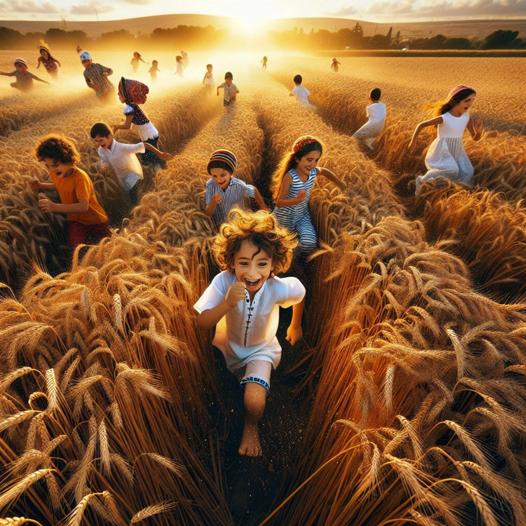 Envision a scene steeped in the golden hues of a late afternoon in Israel, where the vast expanse of a wheat field extends towards the horizon, its tips painted with the glow of the sun's tender caress. Amidst this ocean of golden ears of wheat, a group of Israeli children are at play, their joyful laughter rising like a natural harmony to the rhythm of the rustling stalks.

The children are portrayed in a mix of contemporary casual clothing and hints of traditional attire, such as colorful headscarves and kippahs that dot the scene like petals in a meadow. They are engaged in a playful game of tag, their small hands trying to graze each other as they weave through the natural maze created by the high-standing wheat.

Prominently, one child with dark curly hair and a wide grin is frozen in the action of running, his feet barely touching the ground, kicking up tiny wisps of dust that glitter in the sunlight. Another child, farther back, hides playfully behind the natural curtain of wheat, only her bright, mischievous eyes visible between the slender stalks.

Near the edge of the field, a child in a simple white tunic adorned with blue embroidery—the colors of the Israeli flag—holds aloft a net, pretending to chase the elusive flutters of imagined butterflies, symbolizing dreams and aspirations as high as the clear blue sky above.

In the foreground, two children sit on the ground, plucking heads of wheat and examining them with the innate curiosity of youth. They are constructing tiny crowns and bracelets, weaving together the simple gifts of the earth, showing a connection to their land—a bond as intrinsic as the flowing fabrics of their clothing.

Above the scene, the sky transitions from a gentle baby blue to deeper shades of an early evening. Faint stars begin to twinkle into existence, and the moon casts a benign gaze upon the field, ushering in the promise of peaceful nightfall. A few delicate clouds adorned with the last rays of sunlight frame the image, capturing the end of a day spent in innocent and carefree jubilation.

This image, while brimming with life and movement, conveys a sense of timeless serenity—a portrayal of heritage and future hope intertwined within the simple joys of childhood and the fertile beauty of the Israeli landscape.