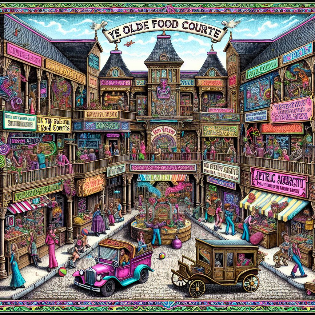 Envision an ornate and whimsical depiction of a bustling marketplace, drawn with the finesse and charm of a 19th-century cartographer, yet playfully arrayed with the iconic elements of a '90s mall as requested by I Dunno. (@idunno).

In this intricate tableau, the mall is transformed into a grand bazaar of yore, teeming with life and activity. The image is imbued with a vibrant palette, echoing colors that are both historic and reminiscent of '90s pop culture—neon pinks, electric blues, and rad greens. Here stands a flamboyant structure labeled "Ye Olde Food Courte," serving as the hub where mallrats gather, feasting on a cornucopia of classic fast food reimagined in a medieval style.

The stores, which line the edges of the grand bazaar, are a juxtaposition of old and new. Each shop sports a wooden façade with colorful awnings and signboards advertising wares in olde English typeface. "Ye Retro Arcade," brimming with pinball machines and pixelated games, boasts an electric allure, with jesters—modern-day gamers—immersed in bouts of playful competition.

Befitting the '90s's idiosyncrasies, a grunge-inspired salon with oversized scissors serves as "The Scribe and Barber," while a fantastical record store takes the form of a bard's haven, "The Lyric Alchemist." Even anachronistic elements like skateboarding teens are depicted as though they are messengers on rolling carriages, navigating the map with exuberant ease.

Surrounding the entire spectacle, a lushly decorated border accented with elements of nostalgia: mixtapes, chunky sneakers, and the occasional floppy disk acting as purveyors of '90s lore. To orient the mall-goer, a compass rose quirkily replaces the traditional cardinal points with the icons of a pause button, a smiley face, a peace sign, and the ever-so-ambiguous shrug emoticon.

At the heart of the map, an illustration of I Dunno. (@idunno), embracing slacker chic, lounging on a bench, his demeanor relaxed—an embodiment of the era's laissez-faire spirit amidst the throngs of shoppers.

This image, then, is a map unlike any other—a nostalgic journey through a time-warped mall, blending the craftsmanship of antiquity with the